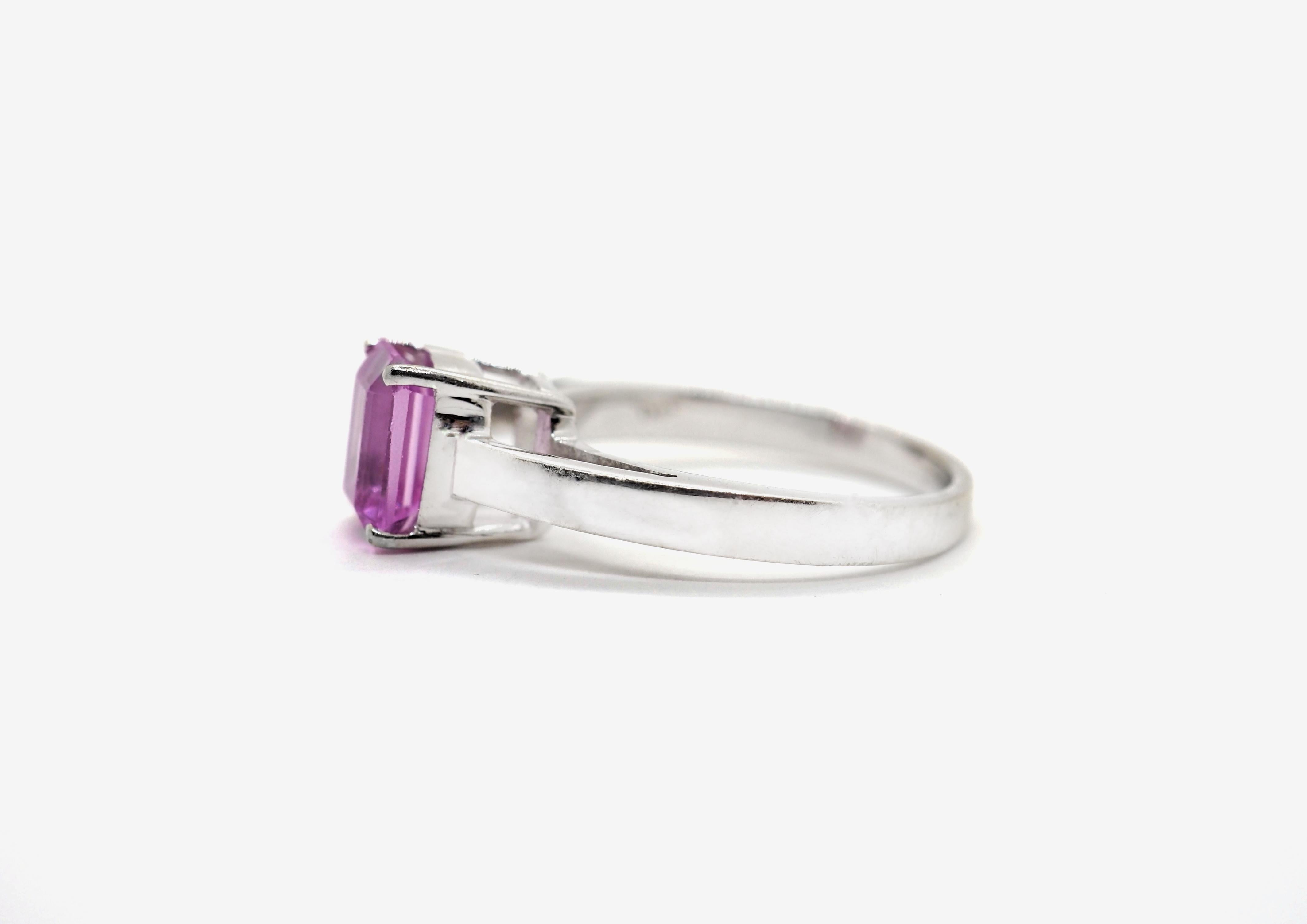 Emerald Cut Solitaire Ring Women Pink Sapphire 18K White Gold For Sale