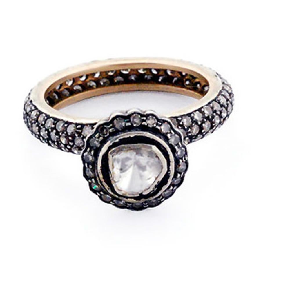 Diamantring im Rosenschliff mit Pavé-Diamantband aus Gold und Silber (Gemischter Schliff) im Angebot