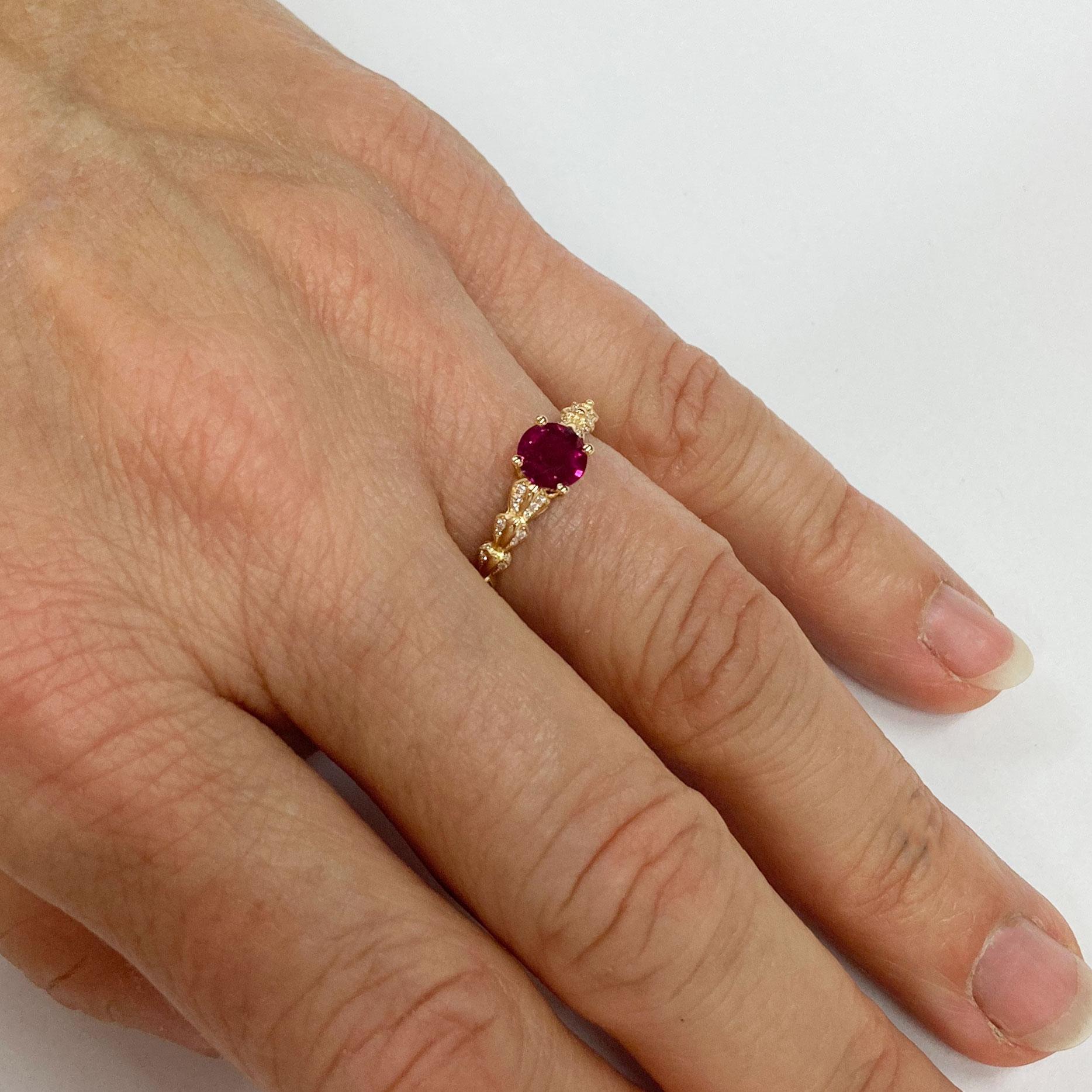 This extraordinary Ring in rose Gold 18 Kt showcases a Ruby ( Burma heat) of 0.81 ct in a 4 prong setting . The shoulders have an organic appearance and are pave set with 32 Diamonds with a total weigt of 0.04 ct G vvs. 
This piece is the perfect