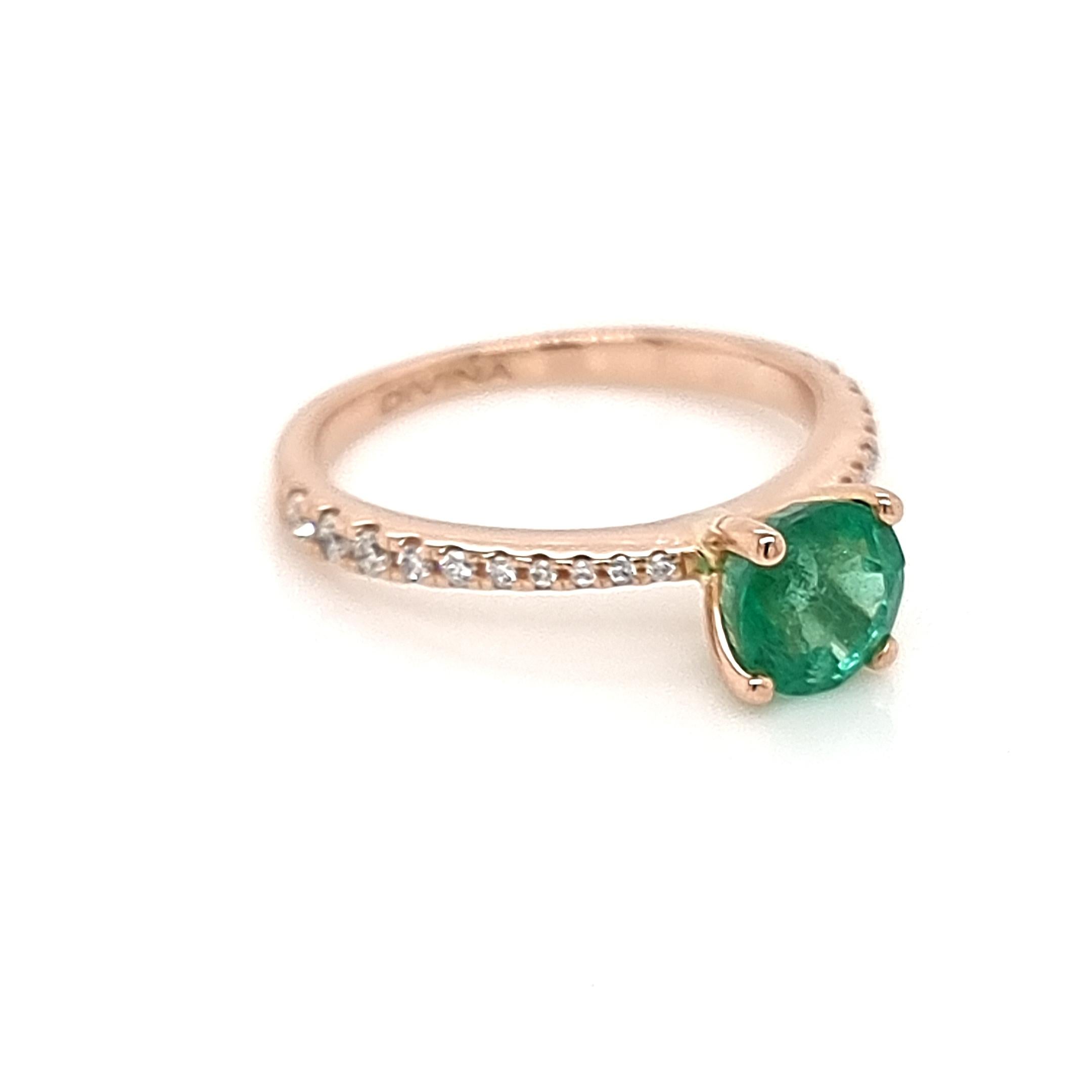 Round Cut Solitaire Round Emerald Ring with Accent White Diamonds on the Shank in 18K Rose For Sale