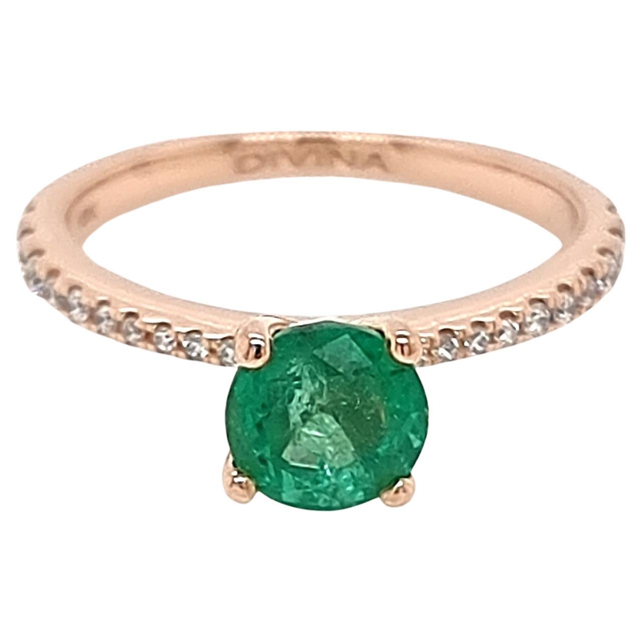 Solitaire Round Emerald Ring with Accent White Diamonds on the Shank in 18K Rose For Sale
