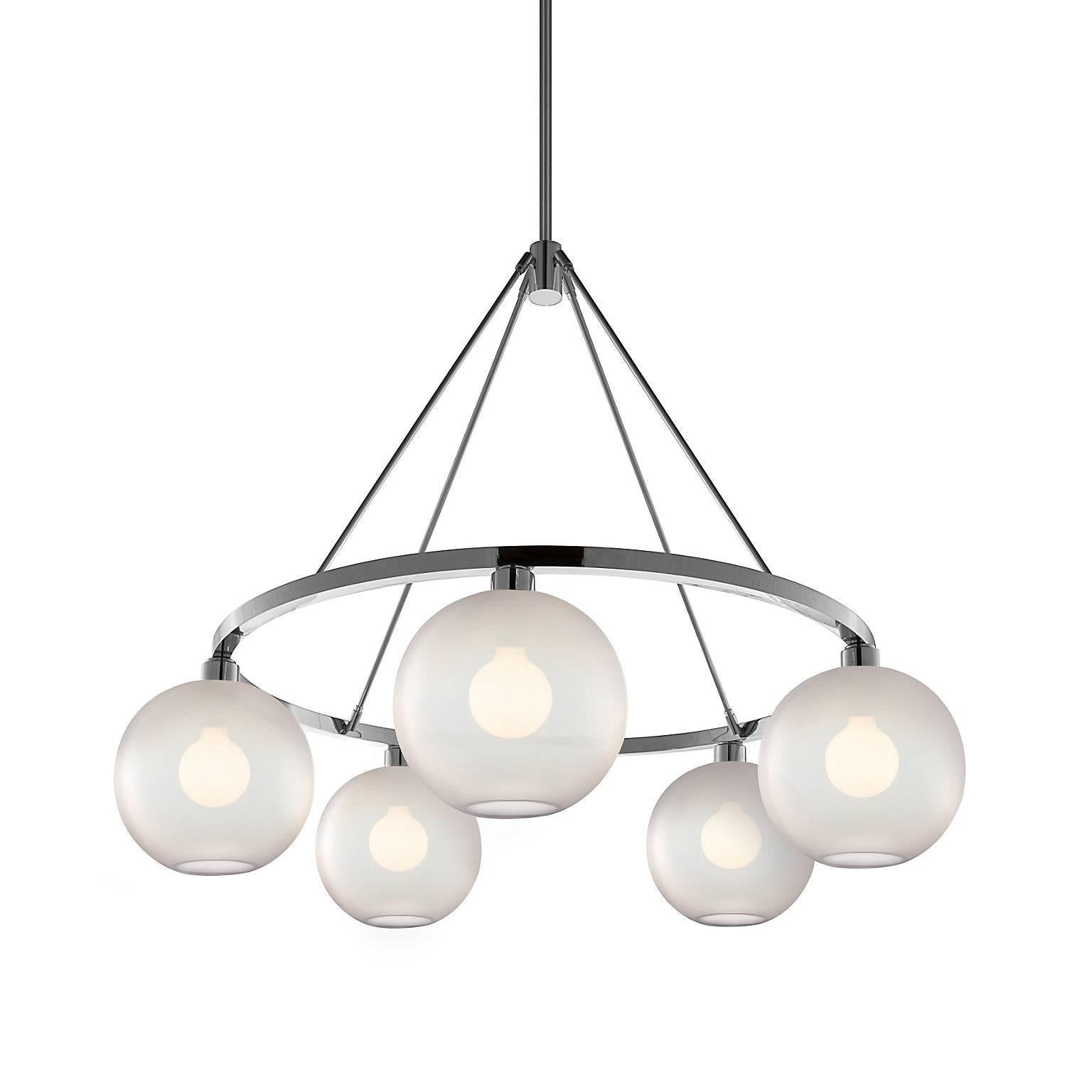American Solitaire Sapphire Handblown Modern Glass Polished Nickel Chandelier Light For Sale