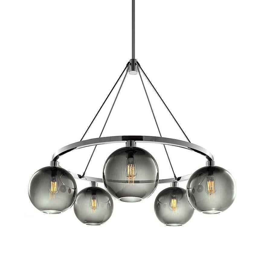 Solitaire Sapphire Handblown Modern Glass Polished Nickel Chandelier Light In New Condition For Sale In Beacon, NY