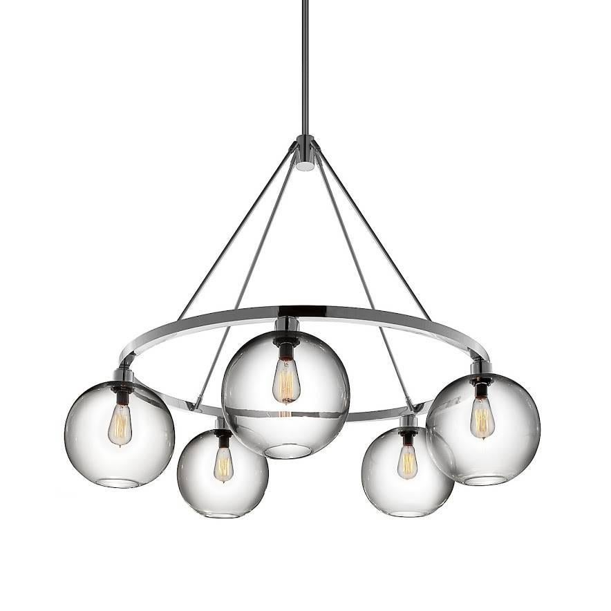 Contemporary Solitaire Sapphire Handblown Modern Glass Polished Nickel Chandelier Light For Sale