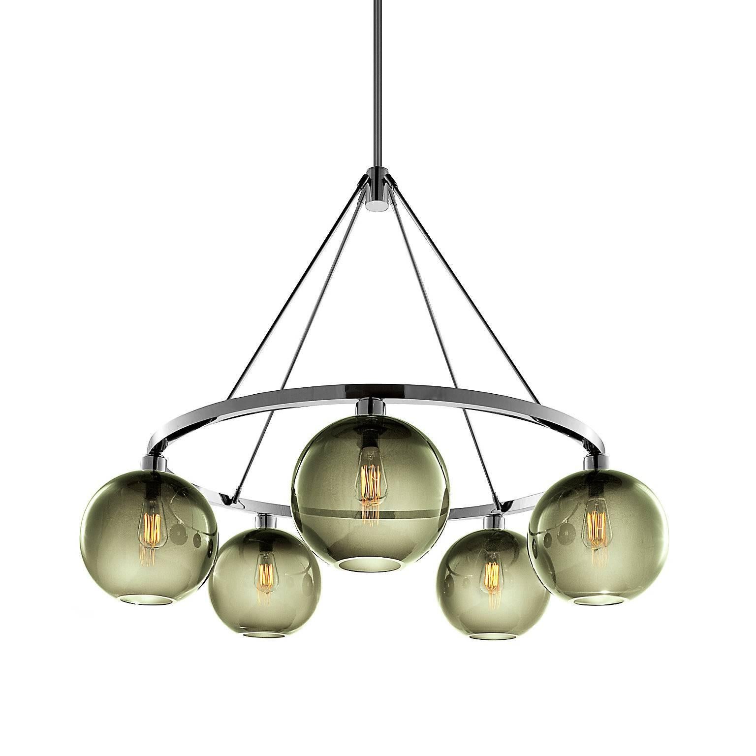 Solitaire Smoke Handblown Modern Glass Polished Nickel Chandelier Light