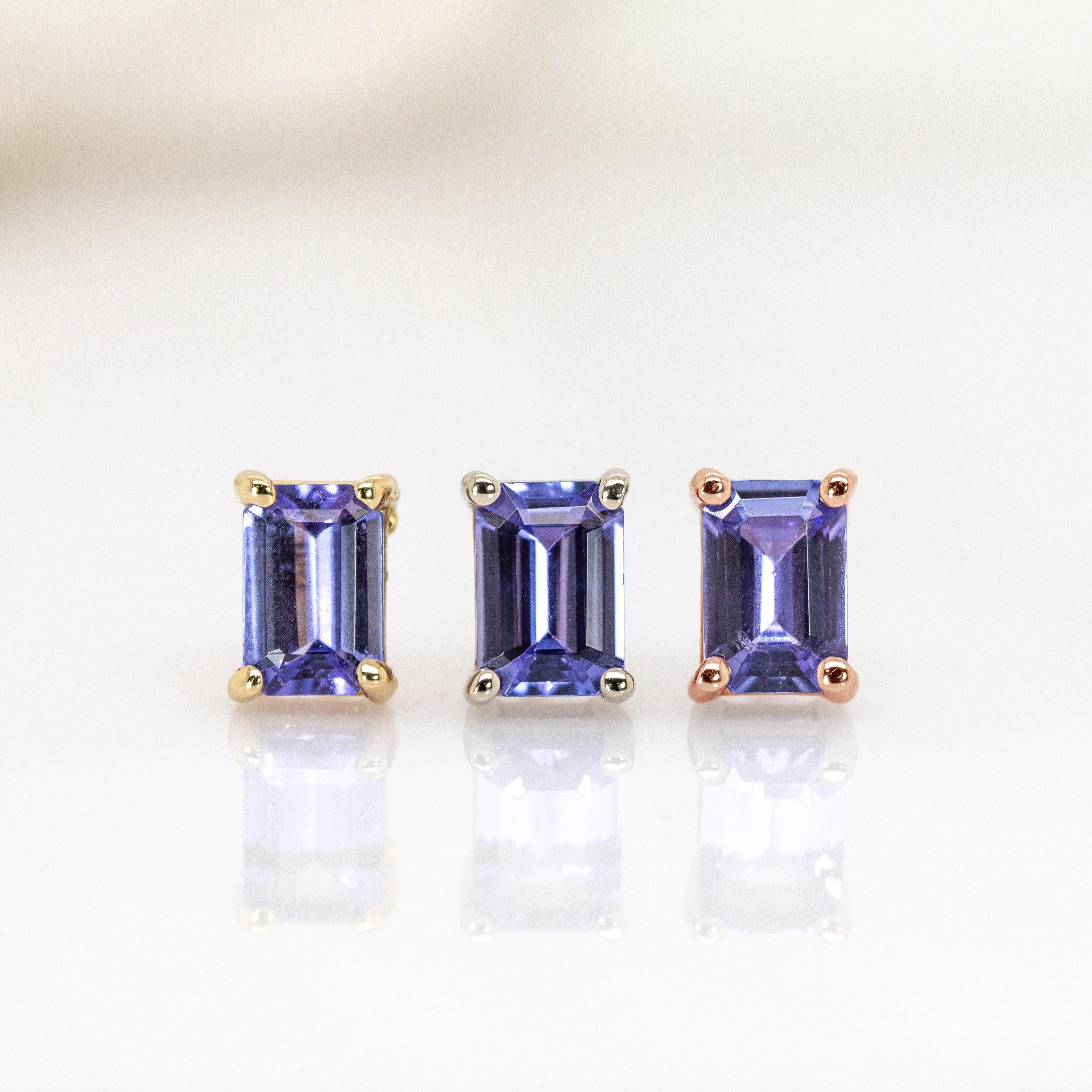 Contemporain Boucles d'oreilles solitaire en or jaune 14K 6x4mm Tanzanite en vente