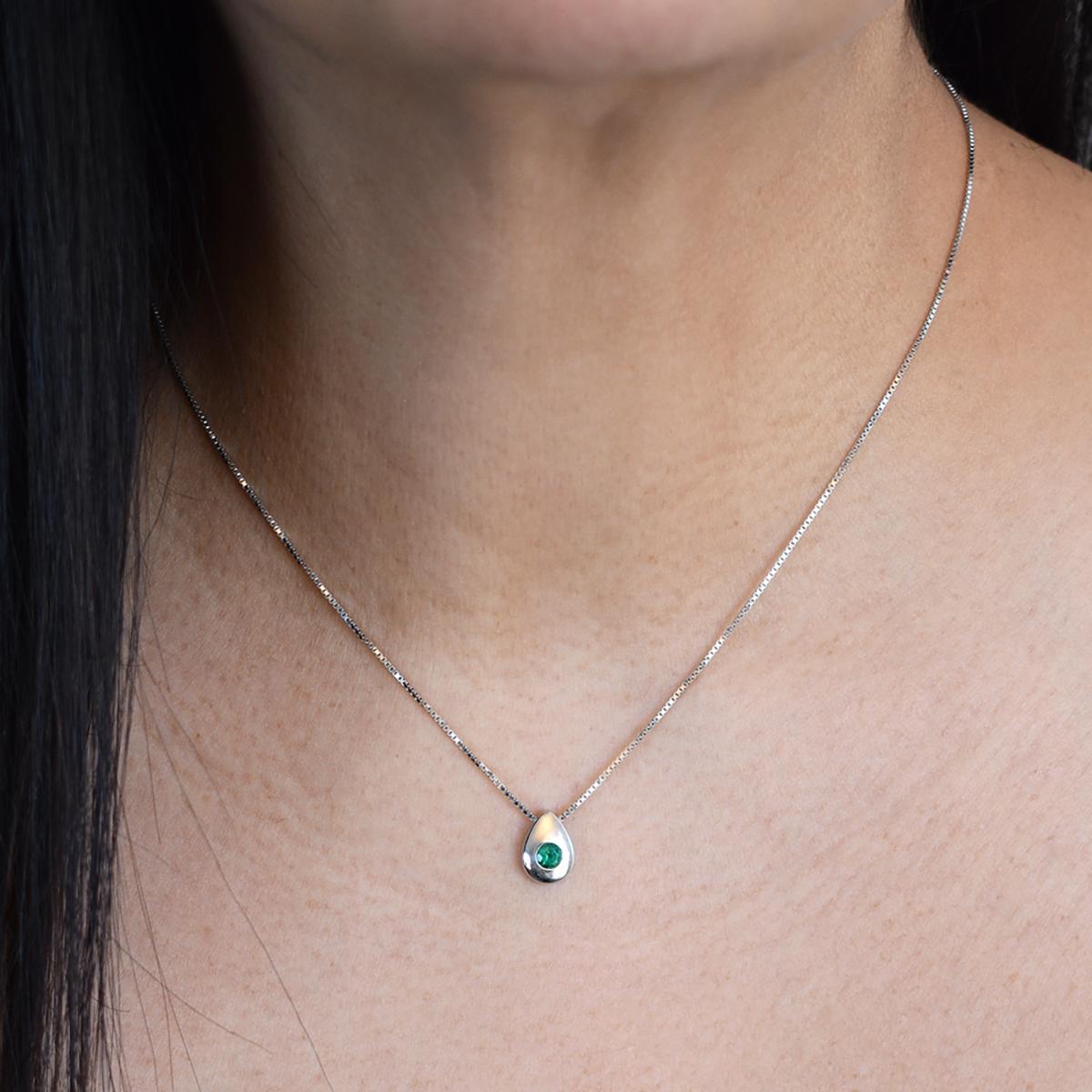 Women's or Men's Solitaire Tear Drop Emerald Necklace in White Gold Bezel Set Colombian Emerald For Sale
