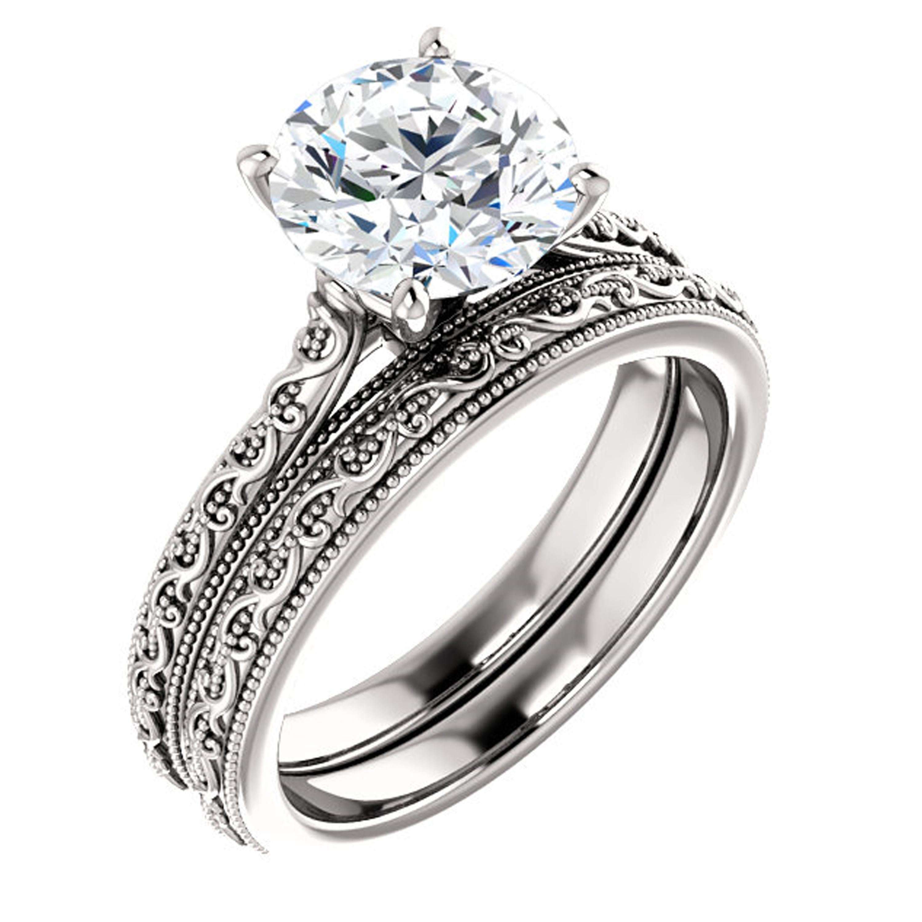 Intricate filigree and milgrain detailing adorns the shank and gallery of this unique engagement ring. A certified GIA diamond shines brilliantly in the center and Valorenna's high-polish creates striking beauty unmatched by any other.
Matching band