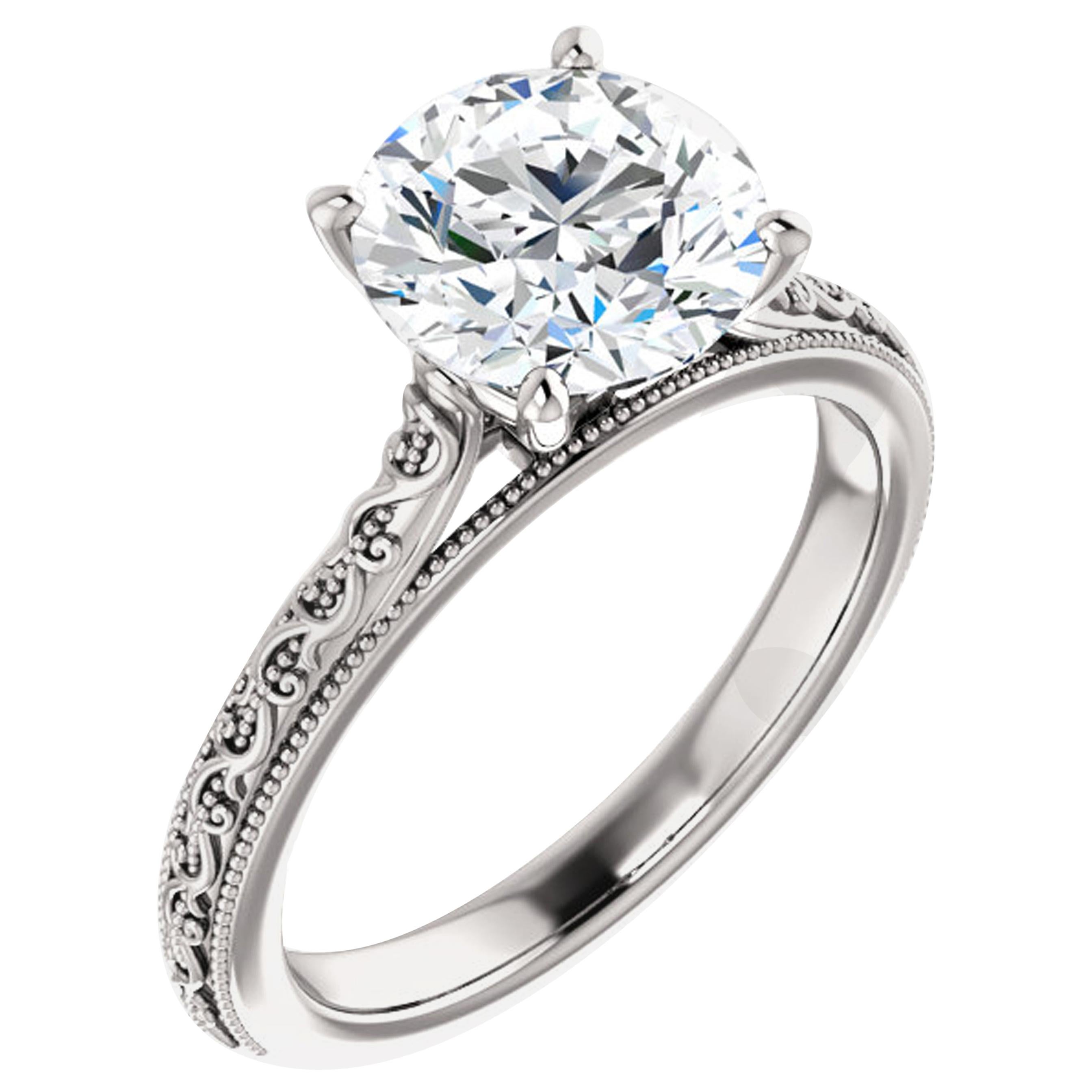 Solitaire Vintage Inspired Filigree Deco GIA Round Cut Diamond Engagement Ring For Sale