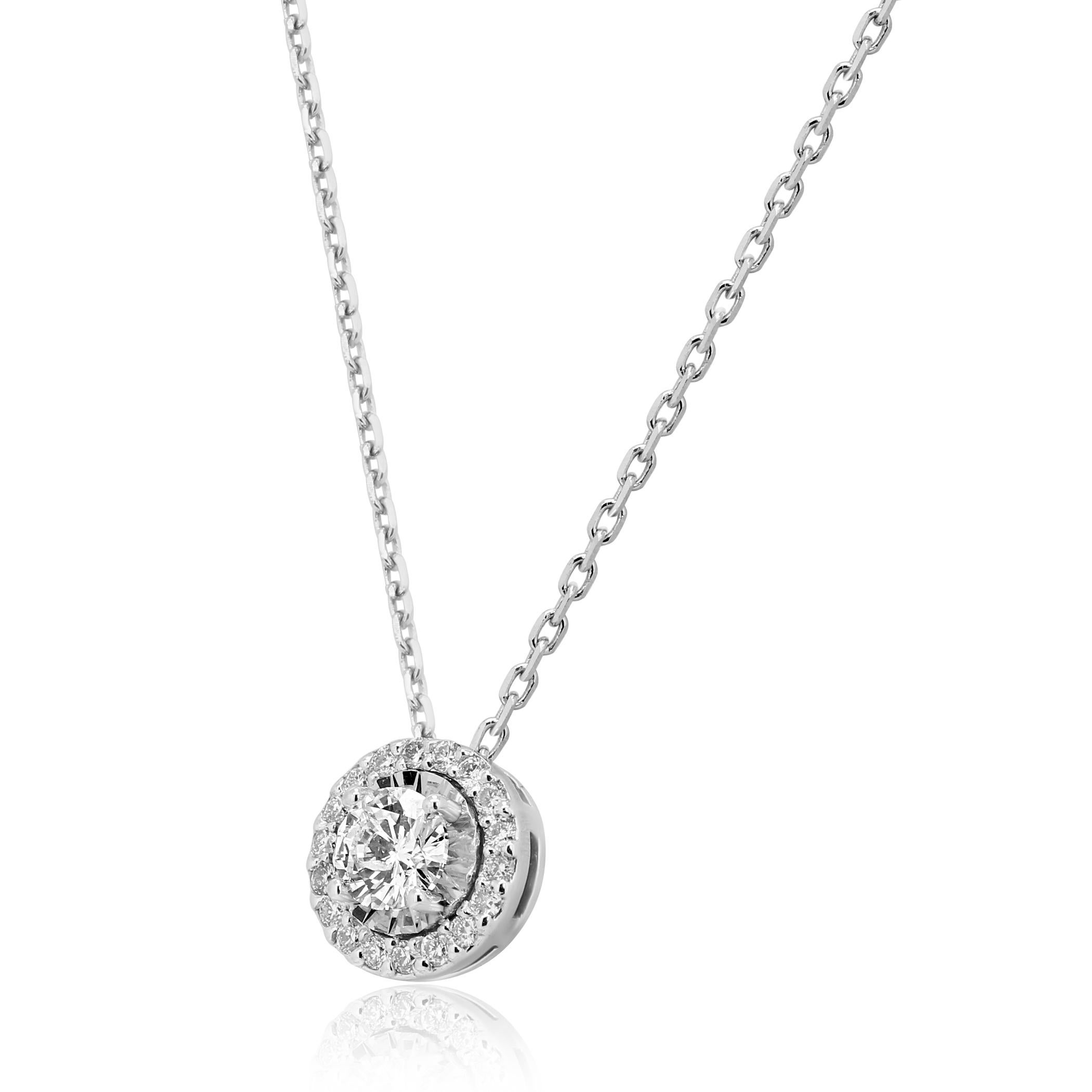 Gorgeous White G-H Color SI Diamond Round 0.45 Carat encircled in a single Halo of White Diamond  G-H Color SI Clarity 0.17 Carat in 14K White Gold Classic but always in style Solitaire Pendant chain Necklace. Total Diamond Weight 0.62 Carat.

Style