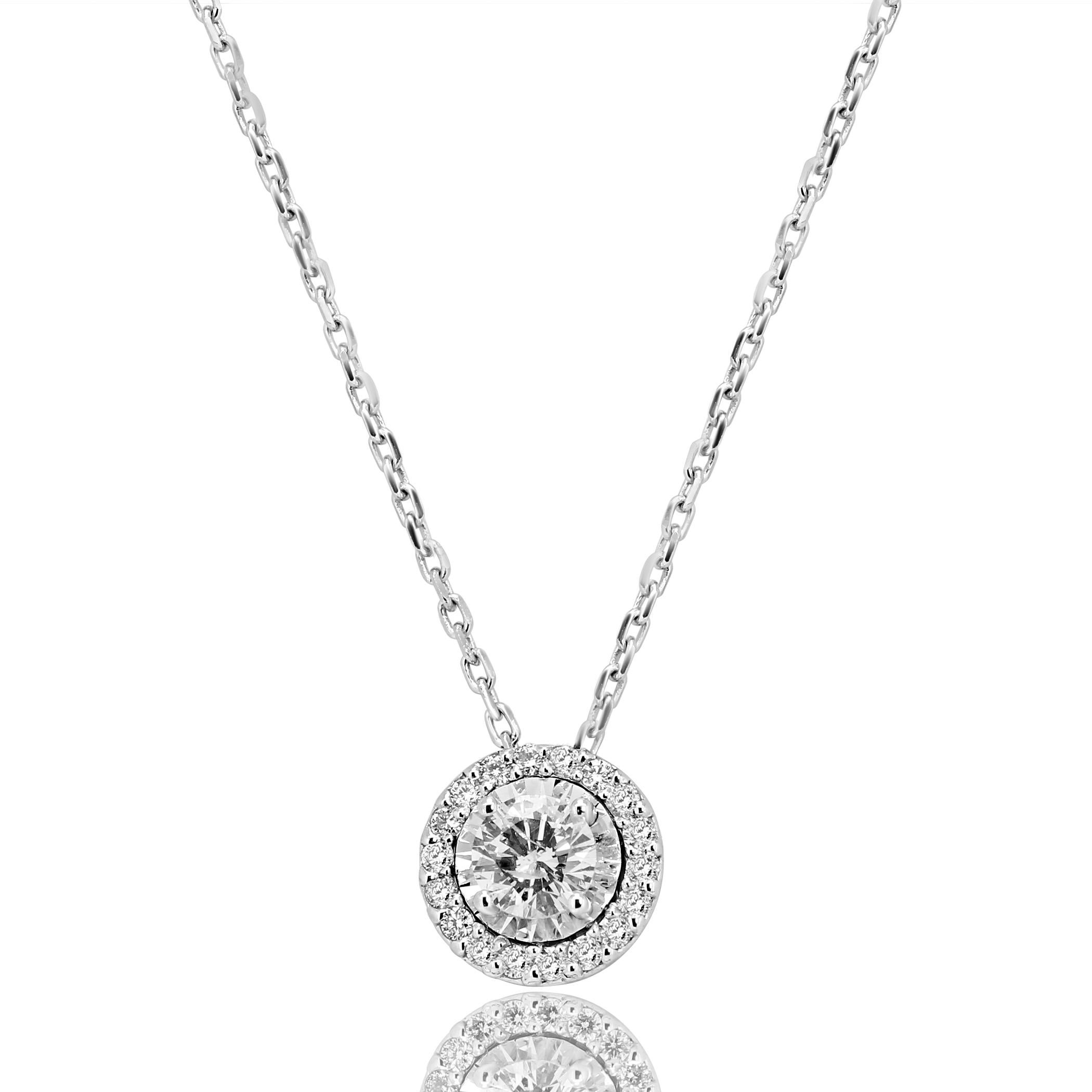 Round Cut Solitaire White Diamond Round Halo Pendant Chain Necklace