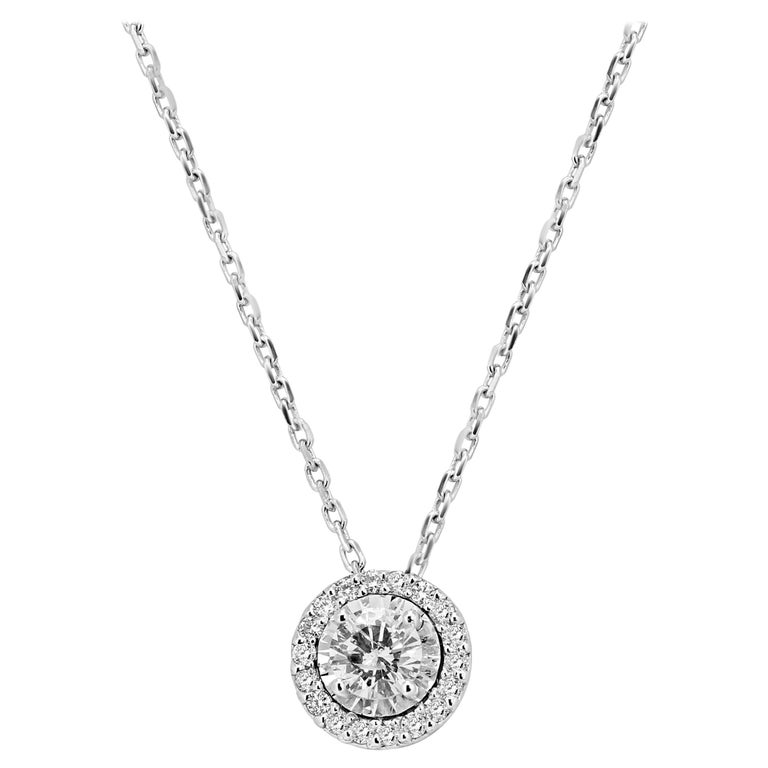 Solitaire White Diamond Round Halo Pendant Chain Necklace at 1stDibs