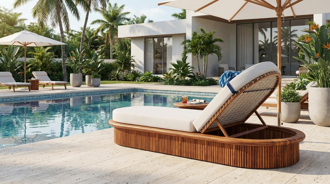 Das Sóller Sunbed, das in Zusammenarbeit mit Mediterrazza entwickelt wurde, ist ein luxuriöses Möbelstück für den Außenbereich. Handgefertigt aus Iroko-Holz für dauerhafte Haltbarkeit und natürliche Eleganz, verfügt er über einen gerippten Sockel,