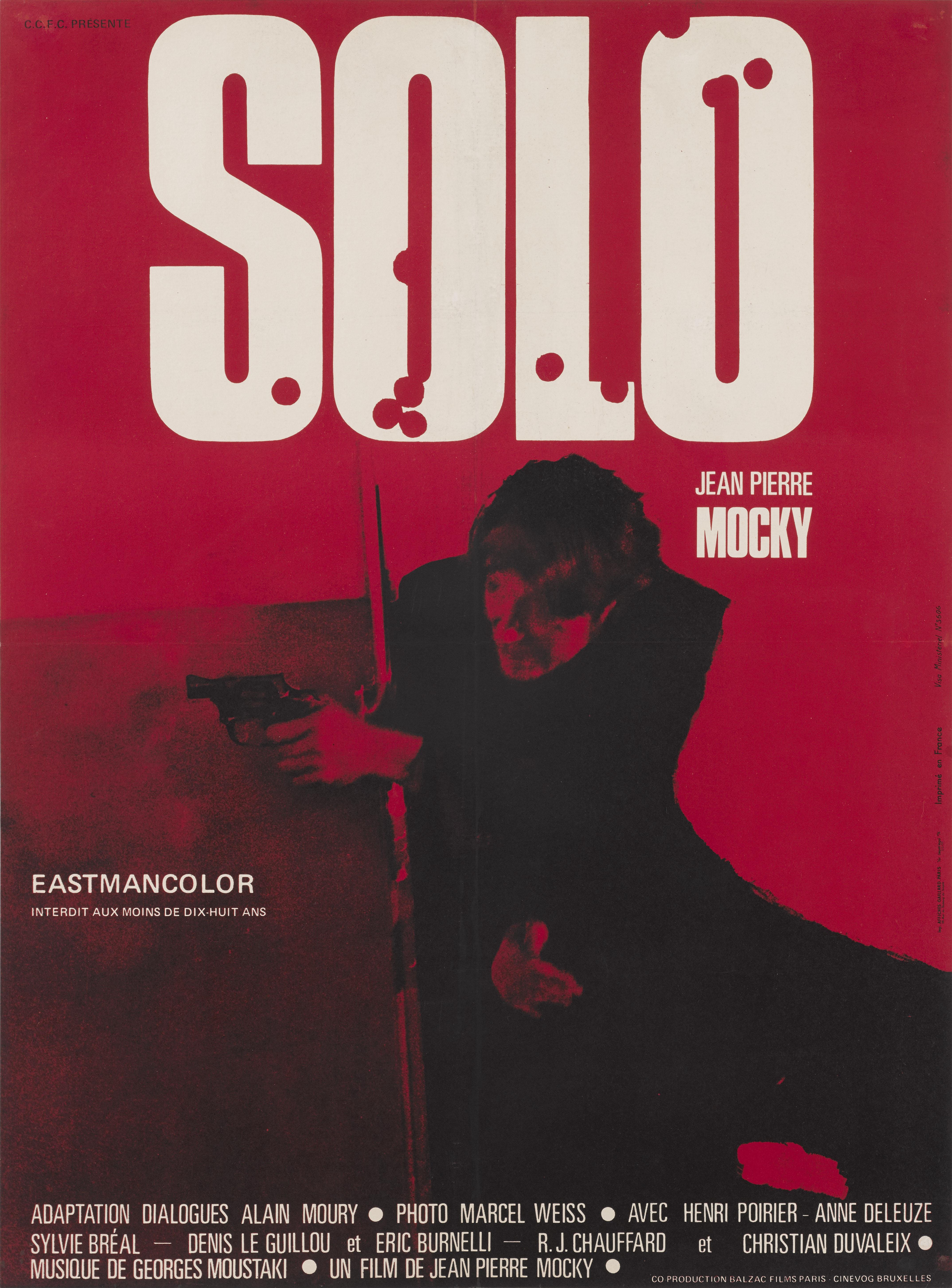 Cartel original francés de la película policíaca y de suspense Solo, de 1970.
Esta película fue dirigida por Jean-Pierre Mocky y protagonizada por Jean-Pierre Mocky y Sylvie Breal.
La obra de arte de este cartel es de René Ferracci (1927-1982)
El