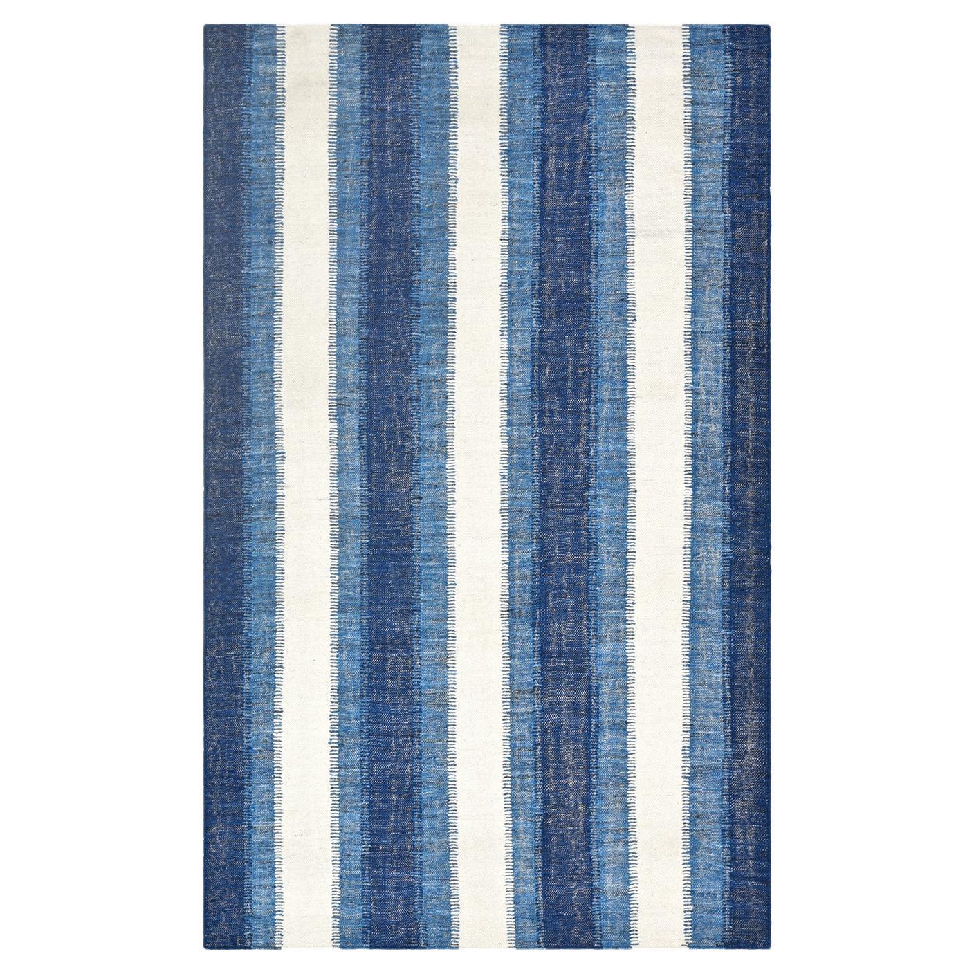 Solo Rugs Flatweave Striped Hand Woven Blue Area Rug For Sale