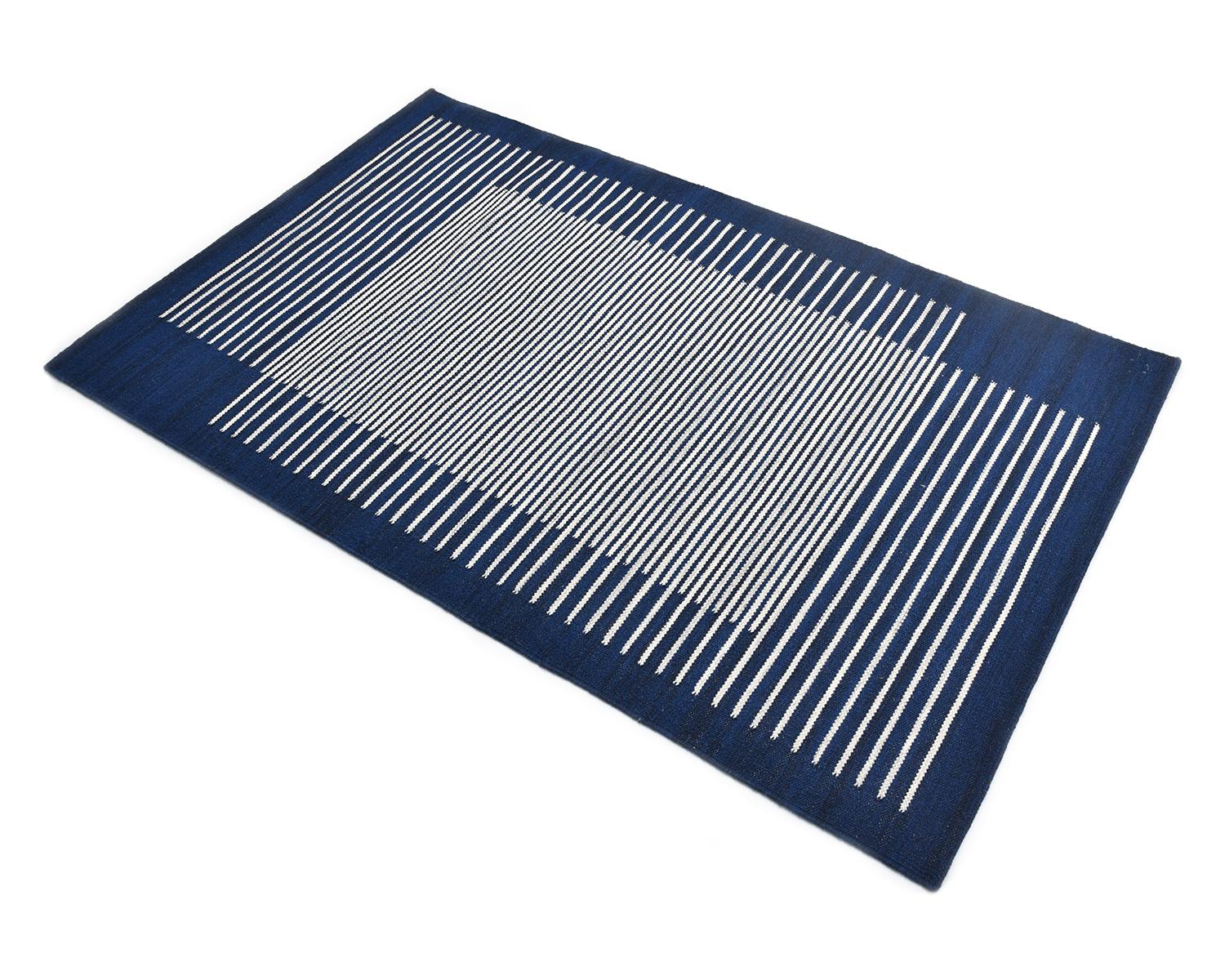 Solo Rugs Flatweave Striped Hand Woven Blue Area Rug For Sale 1