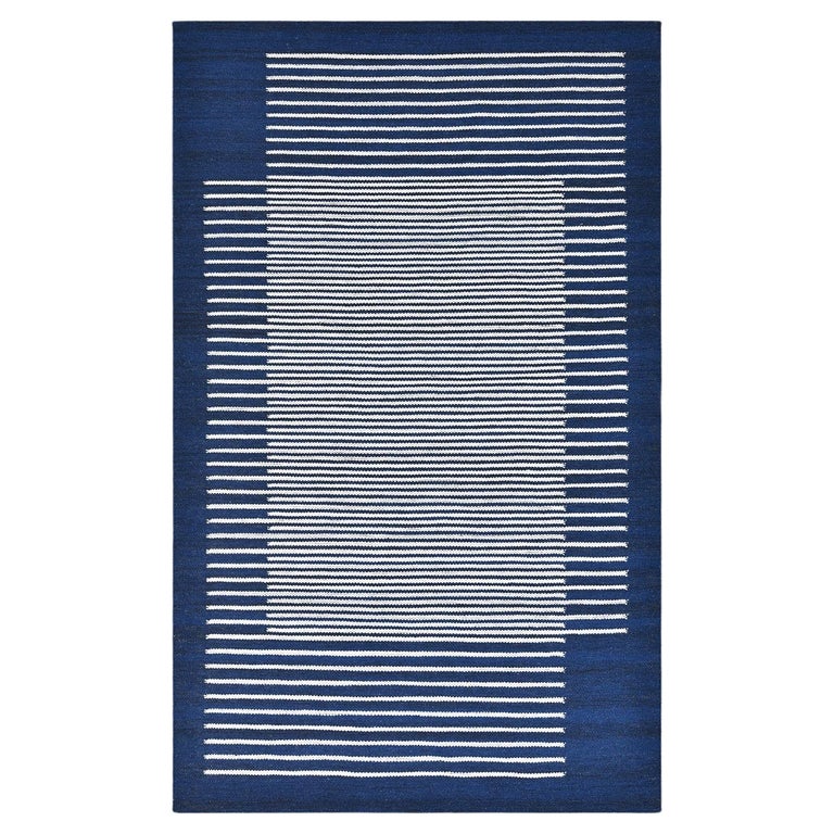 Solo Rugs Flatweave Striped Hand Woven Blue Area Rug For Sale at 1stDibs