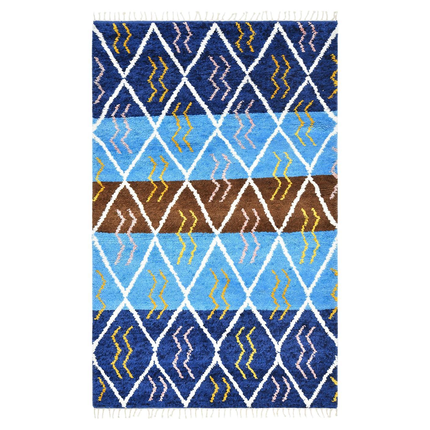 Tapis marocain géométrique noué à la main bleu 5 x 8 tapis en vente