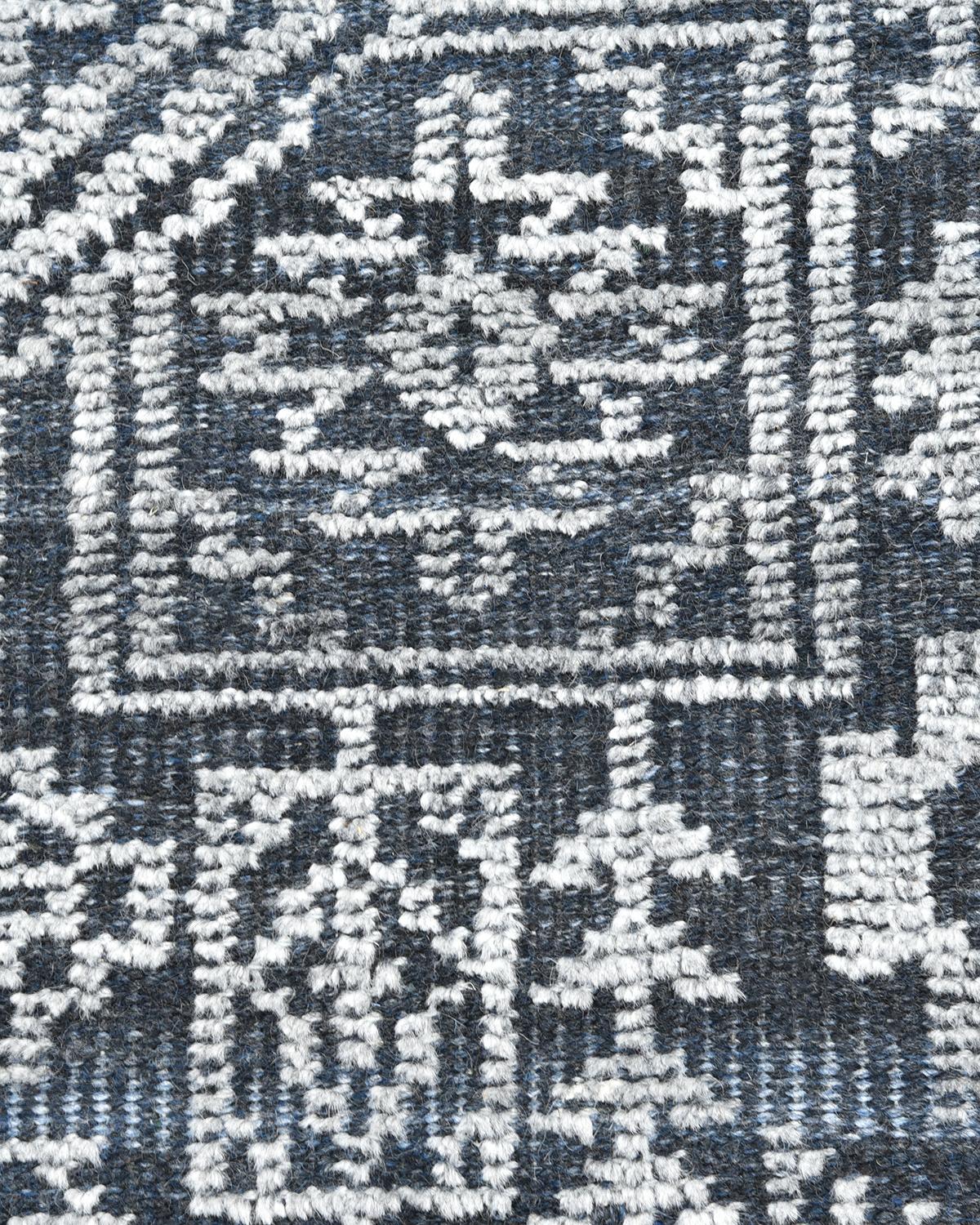 Indian Solo Rugs Transitional Geometric Hand-Knotted Blue Area Rug For Sale