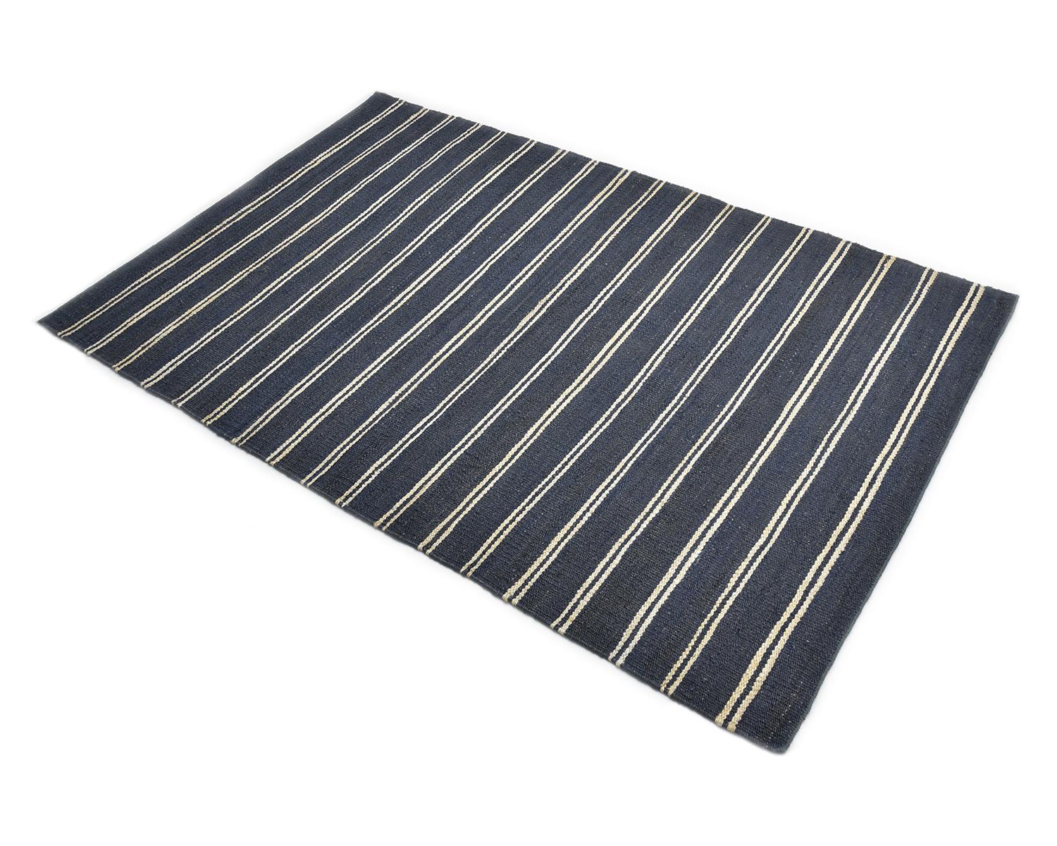 Solo Rugs Transitional Jute Striped Hand Woven Blue Area Rug For Sale 1