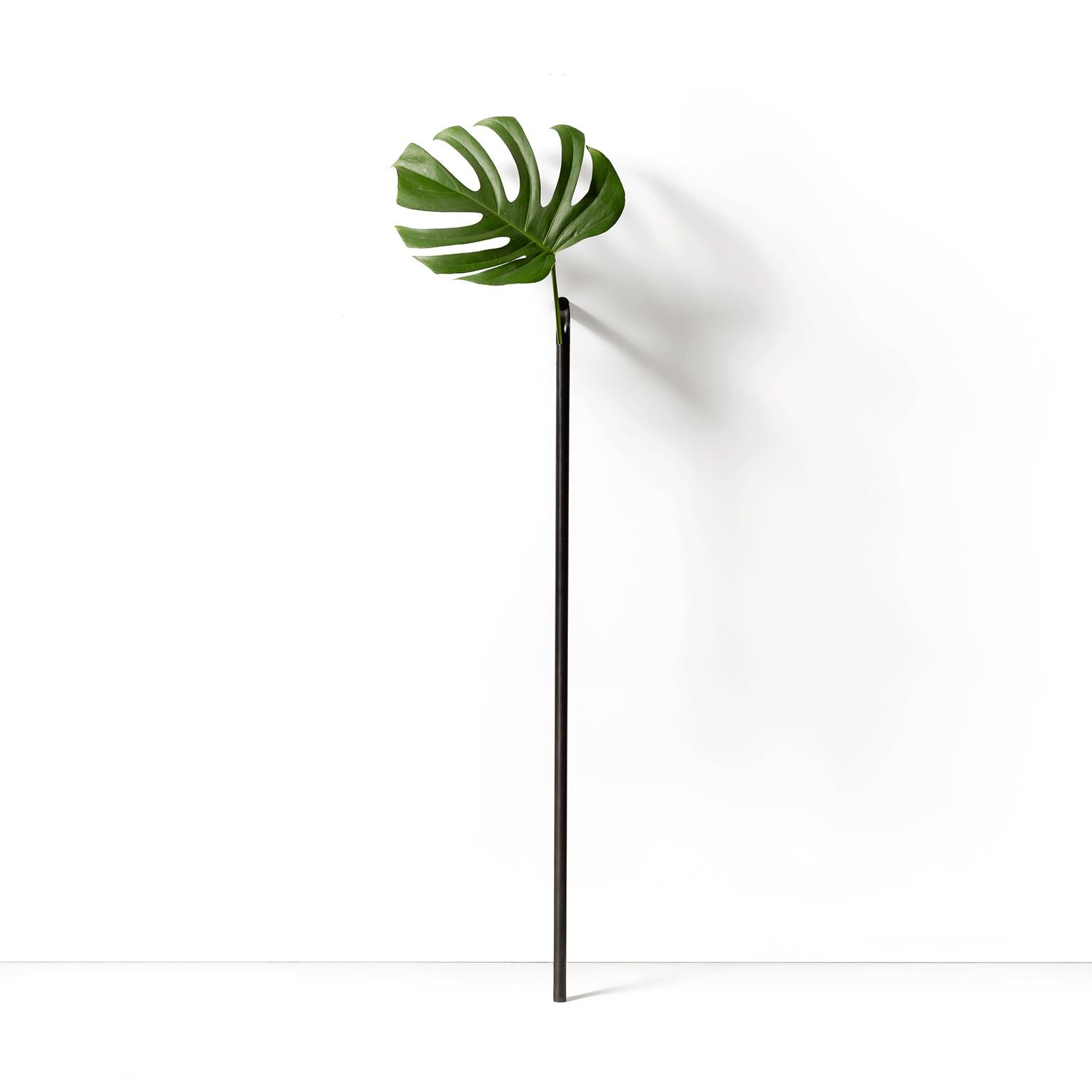 Solo vase proposes an unconventional and delicate way of bringing nature into the house. The slim metallic tube holds a single leaf or flower, mimetizing the continuation of the stems. The detail is made by a cut in the curve of the tube, inspired