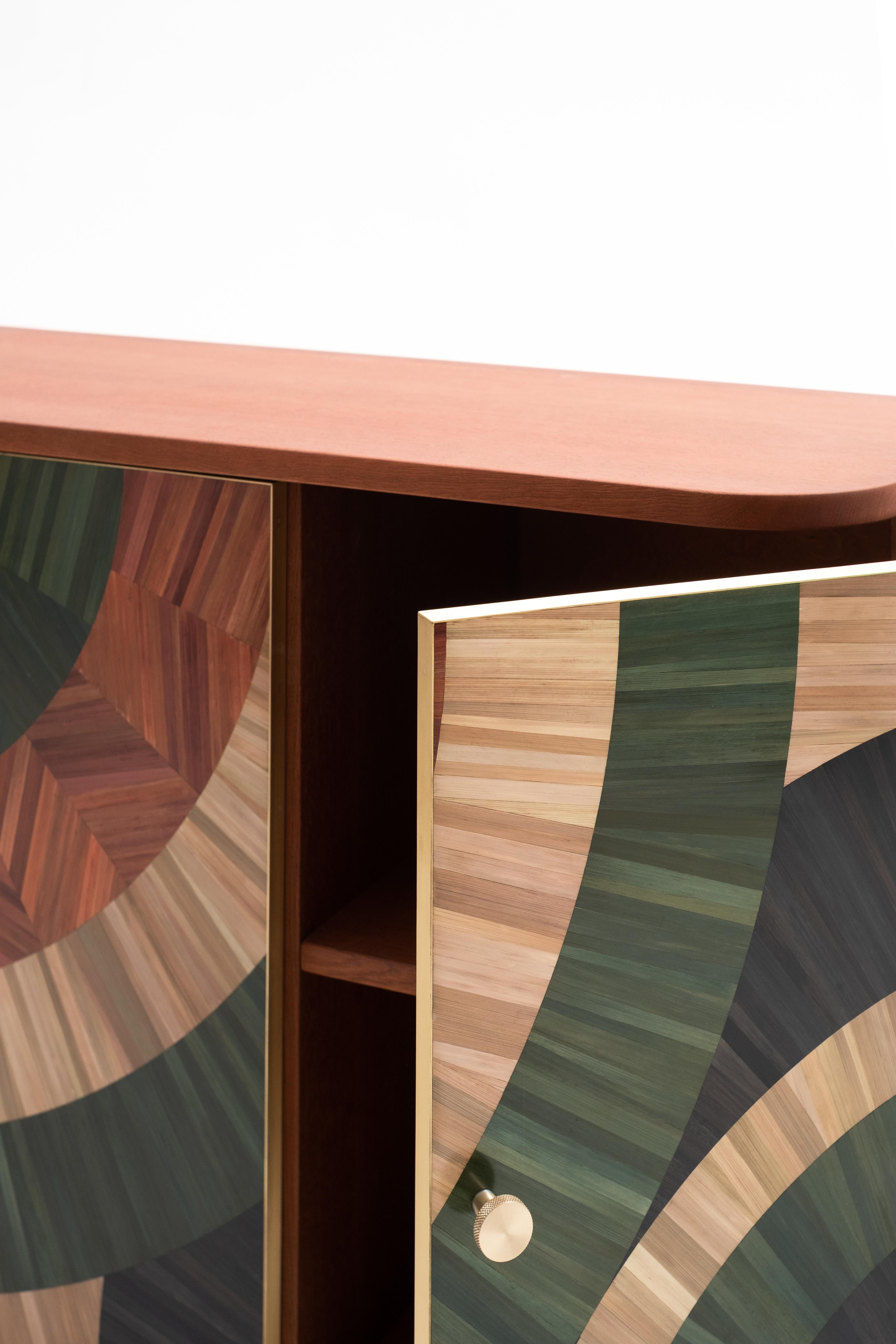 Solomia Straw Marquetry Art Deco Wood Cabinet Green Orange Black by RUDA Studio For Sale 2