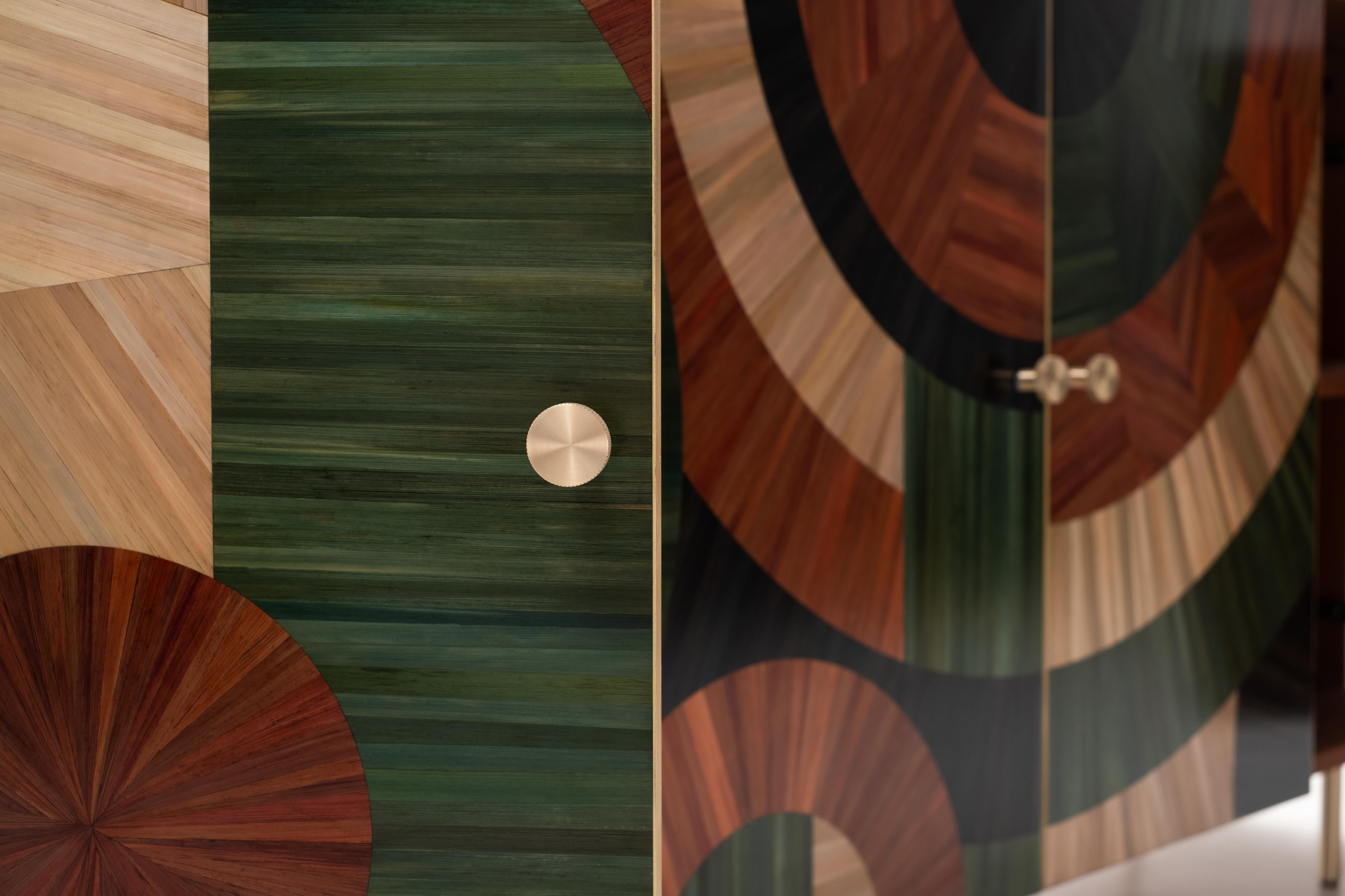 Solomia Straw Marquetry Art Deco Wood Cabinet Green Orange Black by RUDA Studio For Sale 3