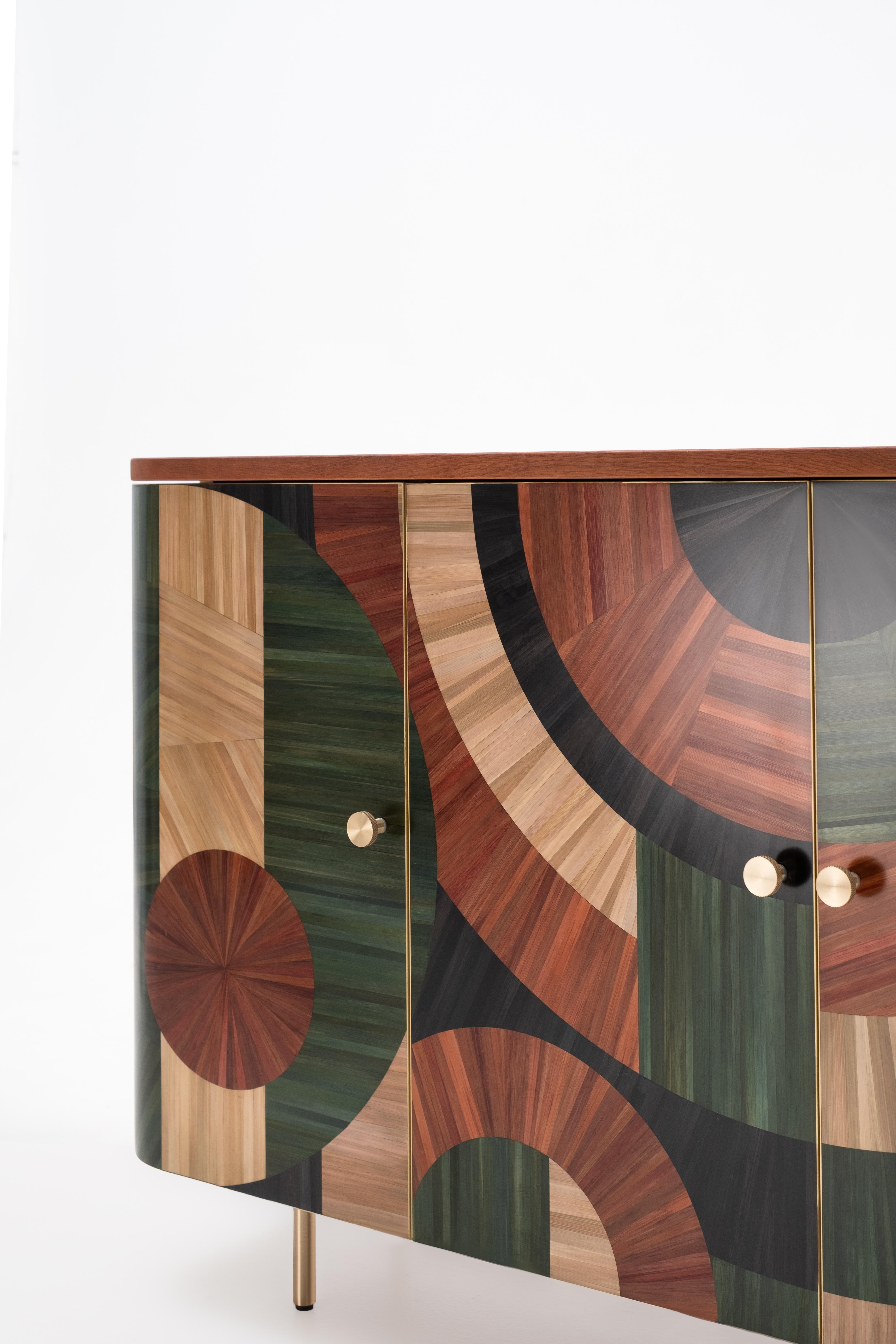 Solomia Straw Marquetry Art Deco Wood Cabinet Green Orange Black by RUDA Studio For Sale 4