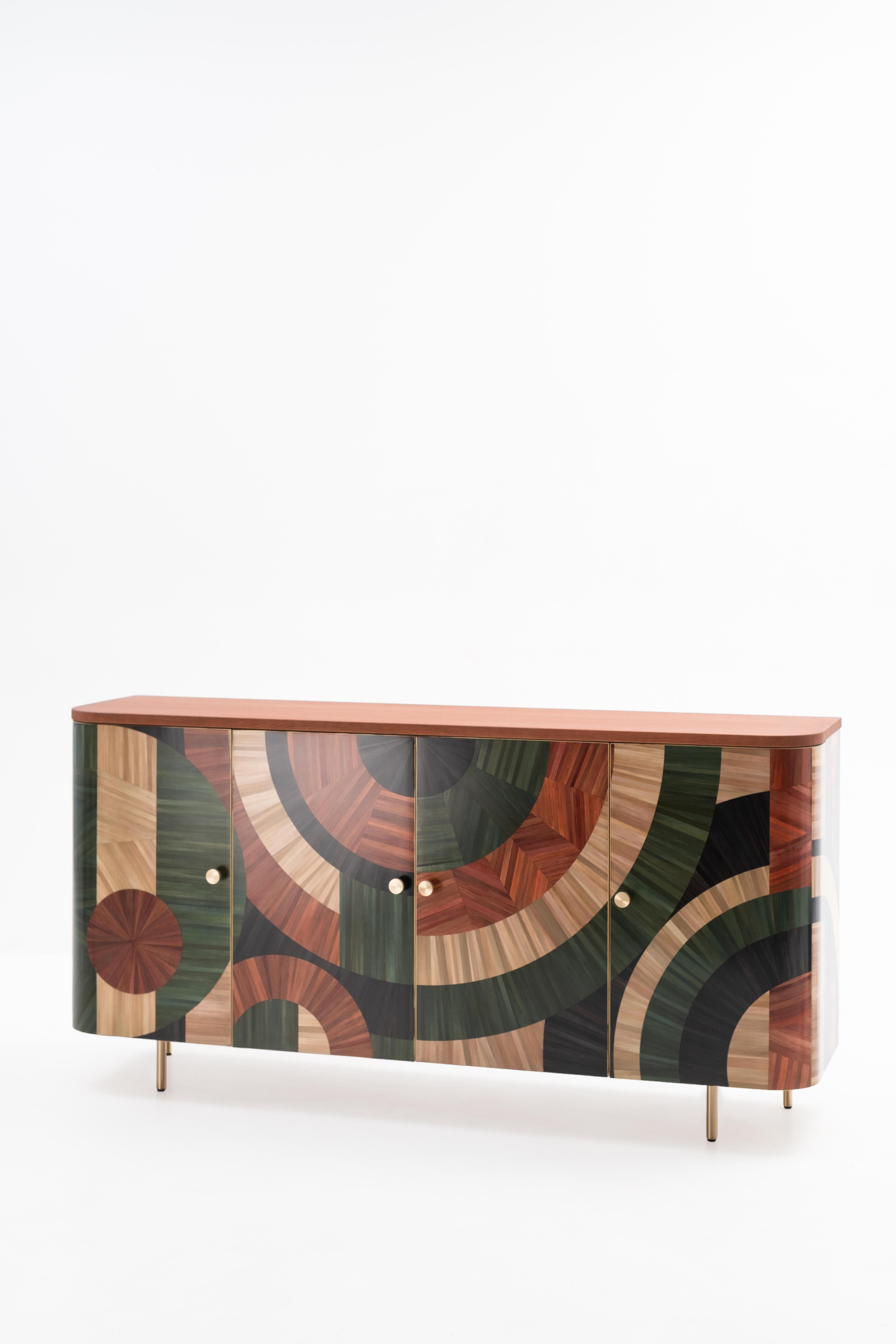 Solomia Straw Marquetry Art Deco Wood Cabinet Green Orange Black by RUDA Studio For Sale 7