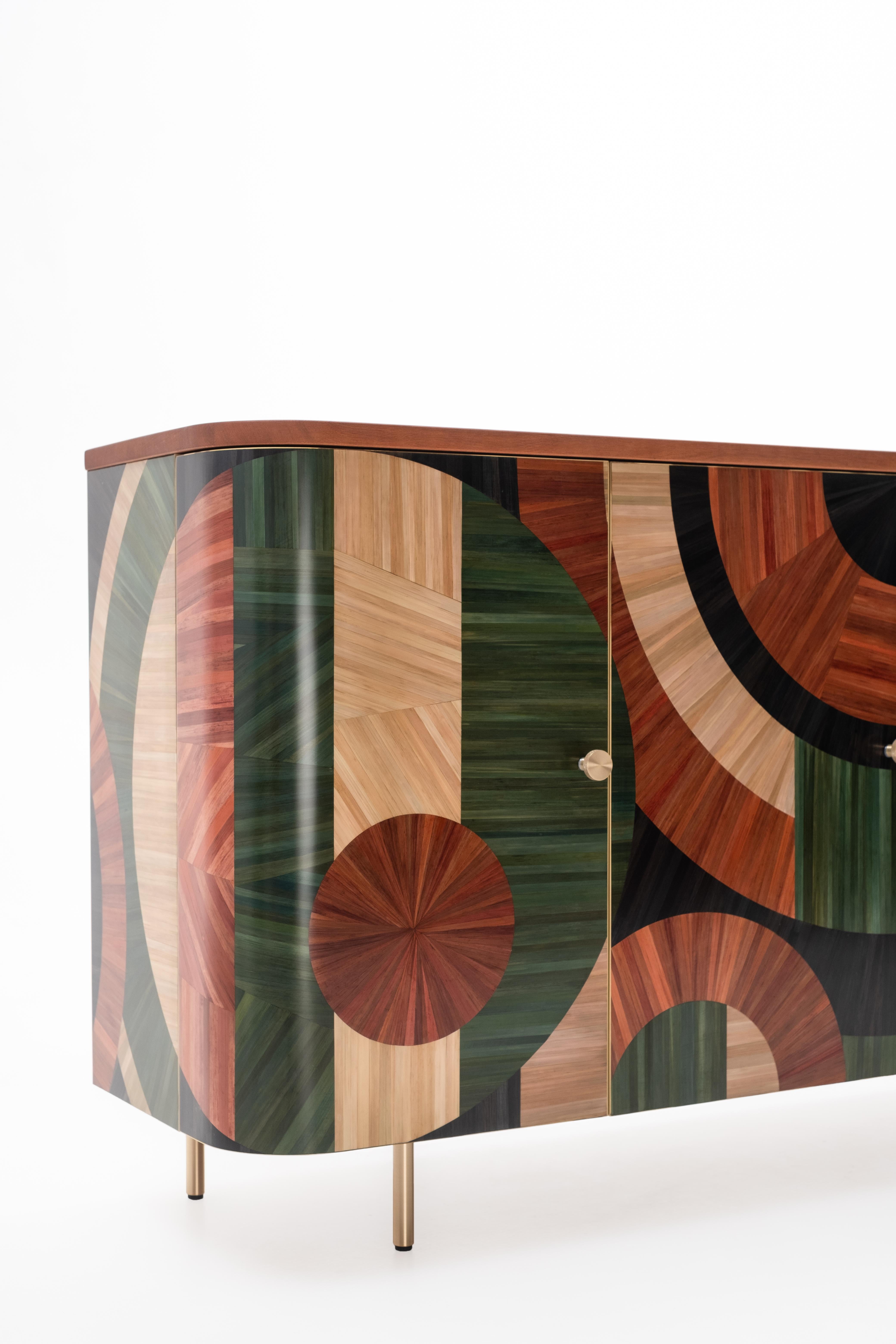 Solomia Straw Marquetry Art Deco Wood Cabinet Green Orange Black by RUDA Studio For Sale 9