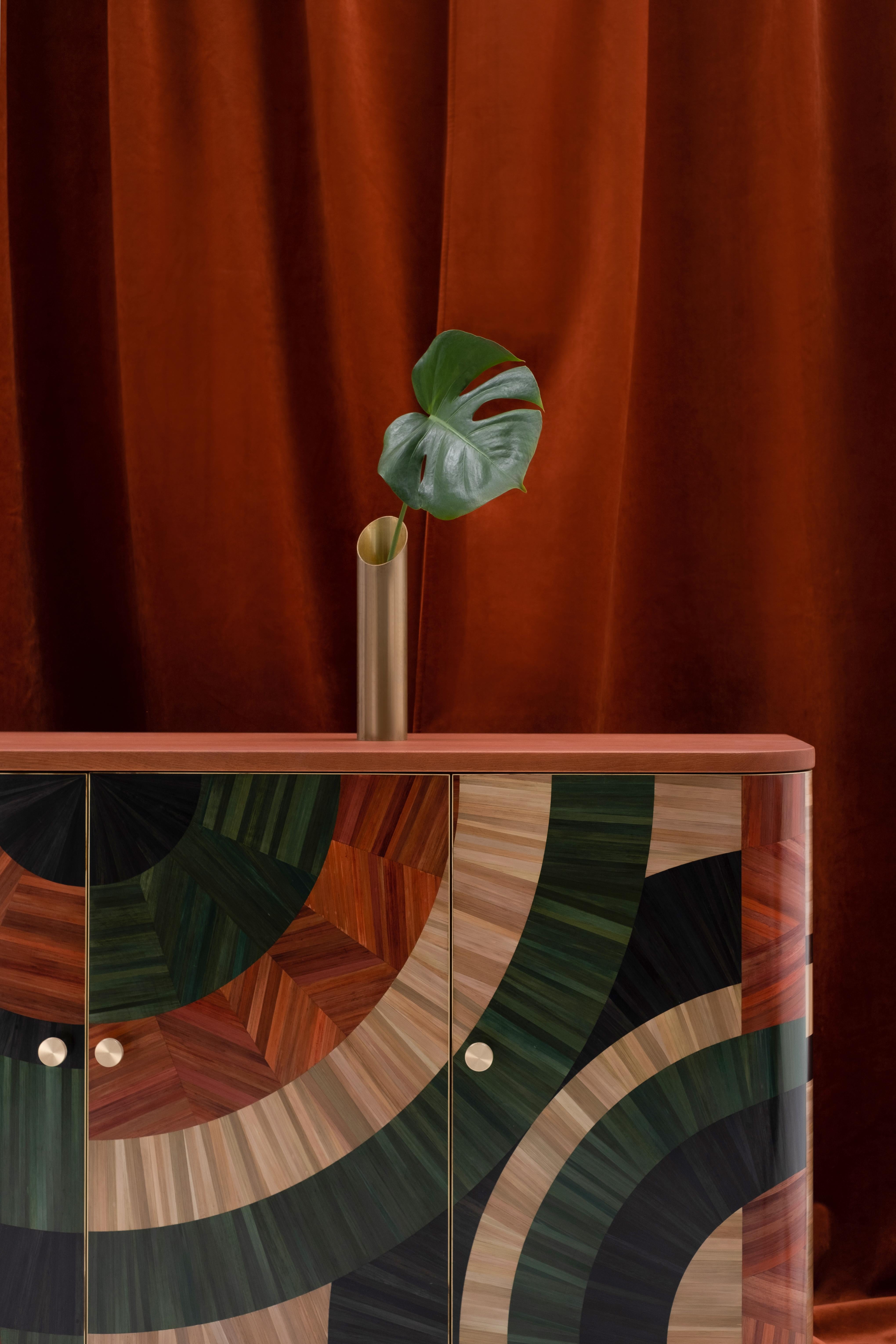 Solomia Stroh Einlegearbeit Art Deco Holz Schrank Grün Orange Schwarz von RUDA Studio (Ukrainisch) im Angebot