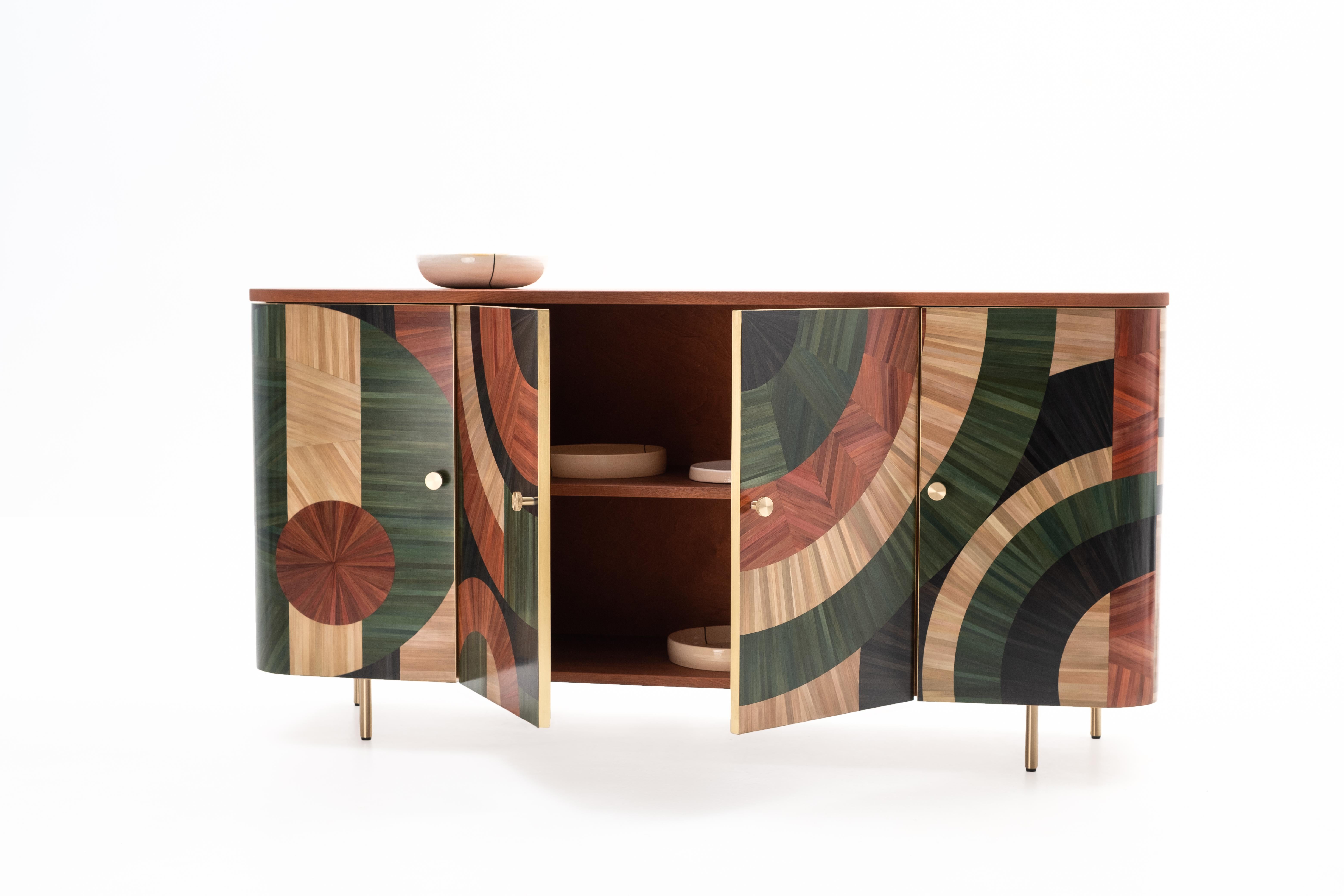 Solomia Straw Marquetry Art Deco Wood Cabinet Green Orange Black by RUDA Studio In New Condition For Sale In Warsaw, PL
