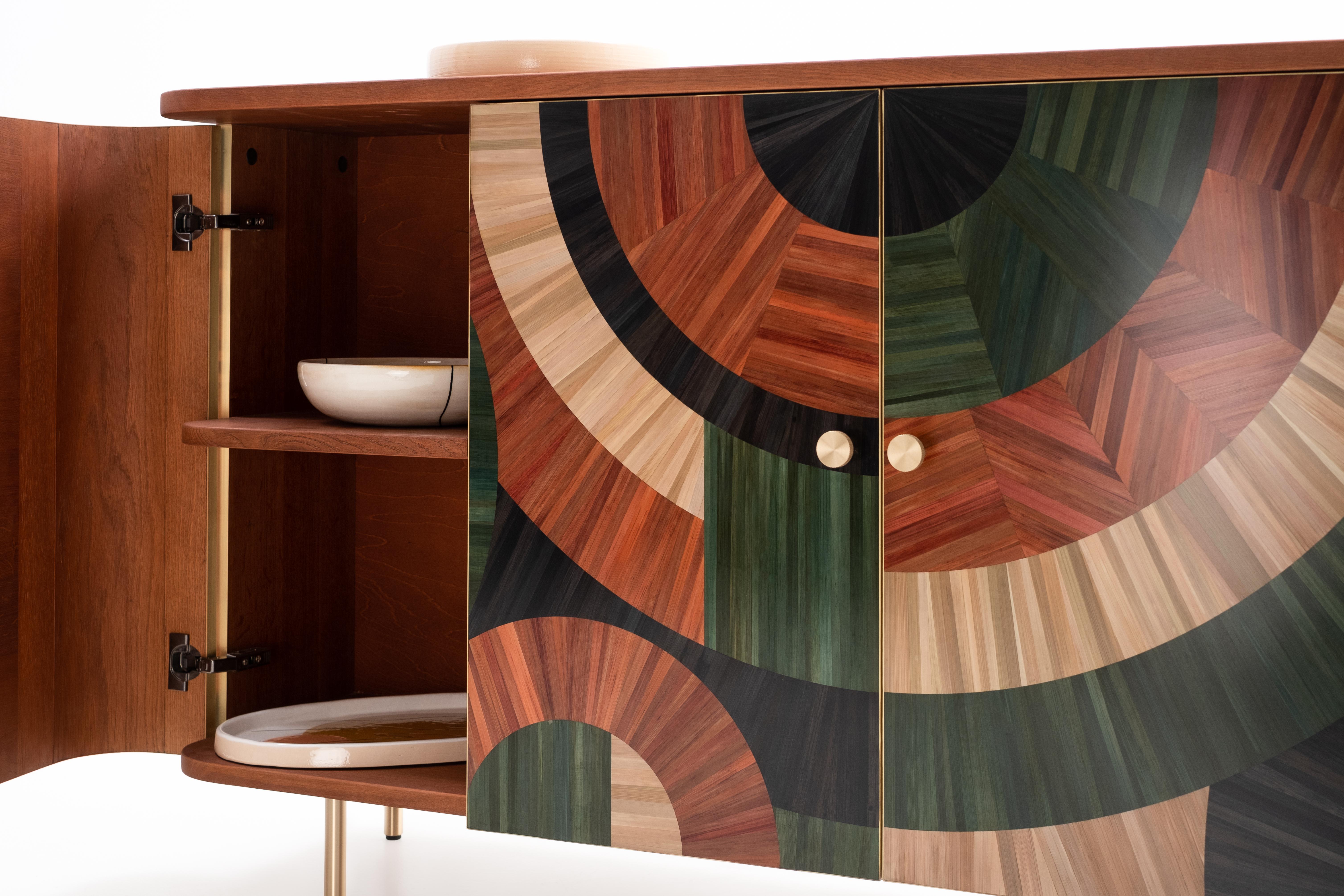 Contemporary Solomia Straw Marquetry Art Deco Wood Cabinet Green Orange Black by RUDA Studio For Sale