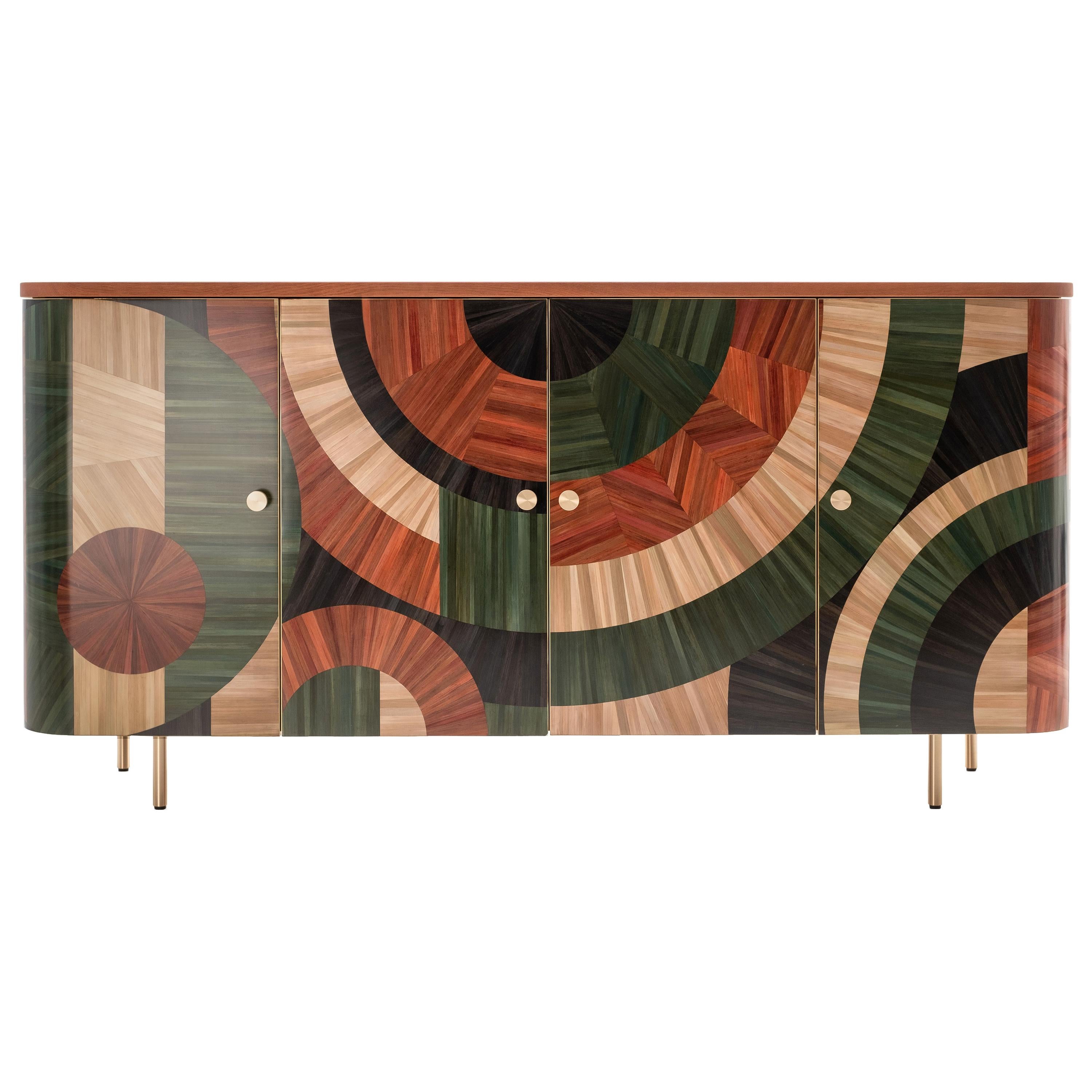 Solomia Straw Marquetry Art Deco Wood Cabinet Green Orange Black by RUDA Studio