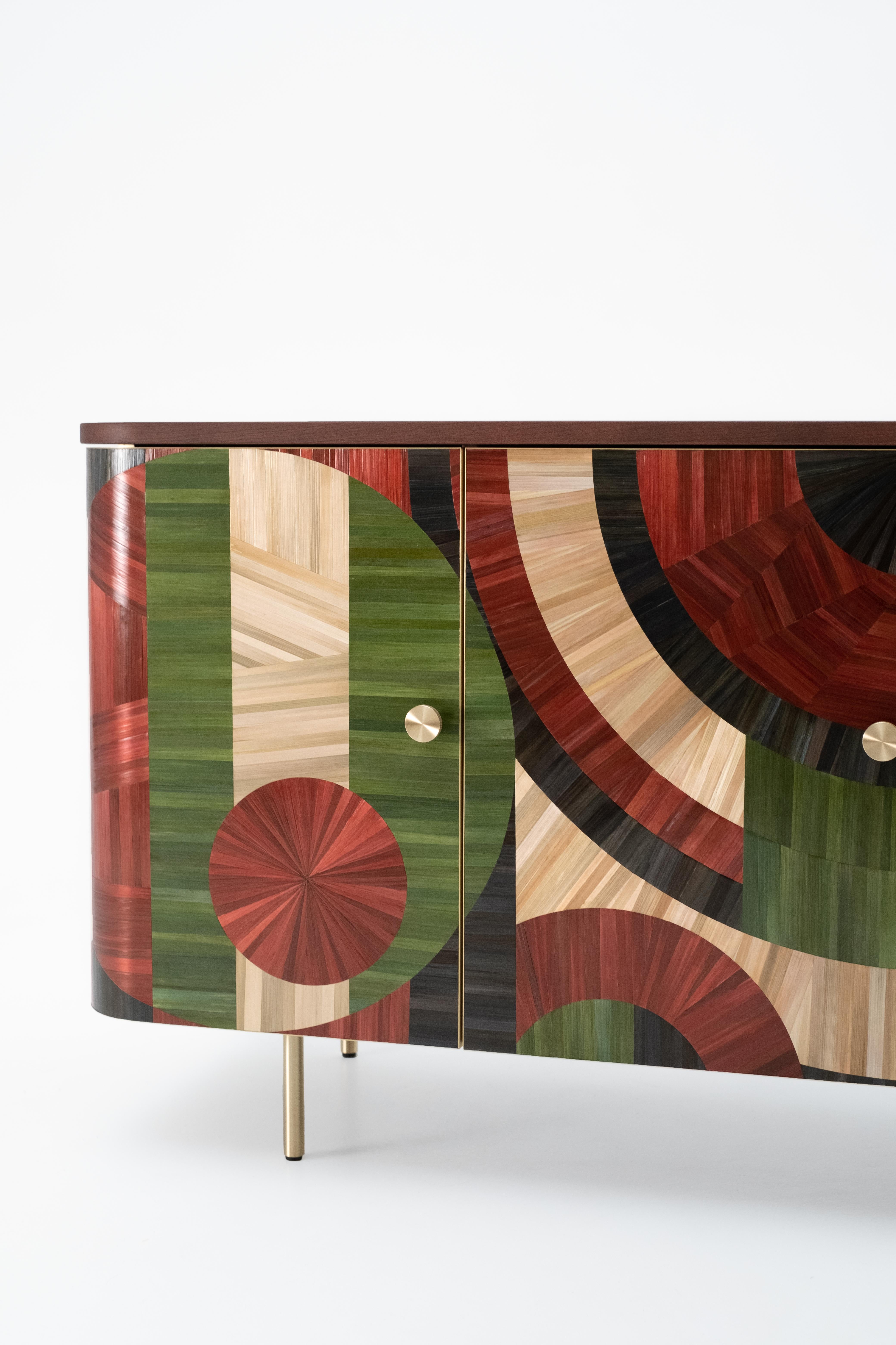 Ukrainian Solomia Straw Marquetry Art Deco Wood Cabinet Green Red Black by RUDA Studio For Sale