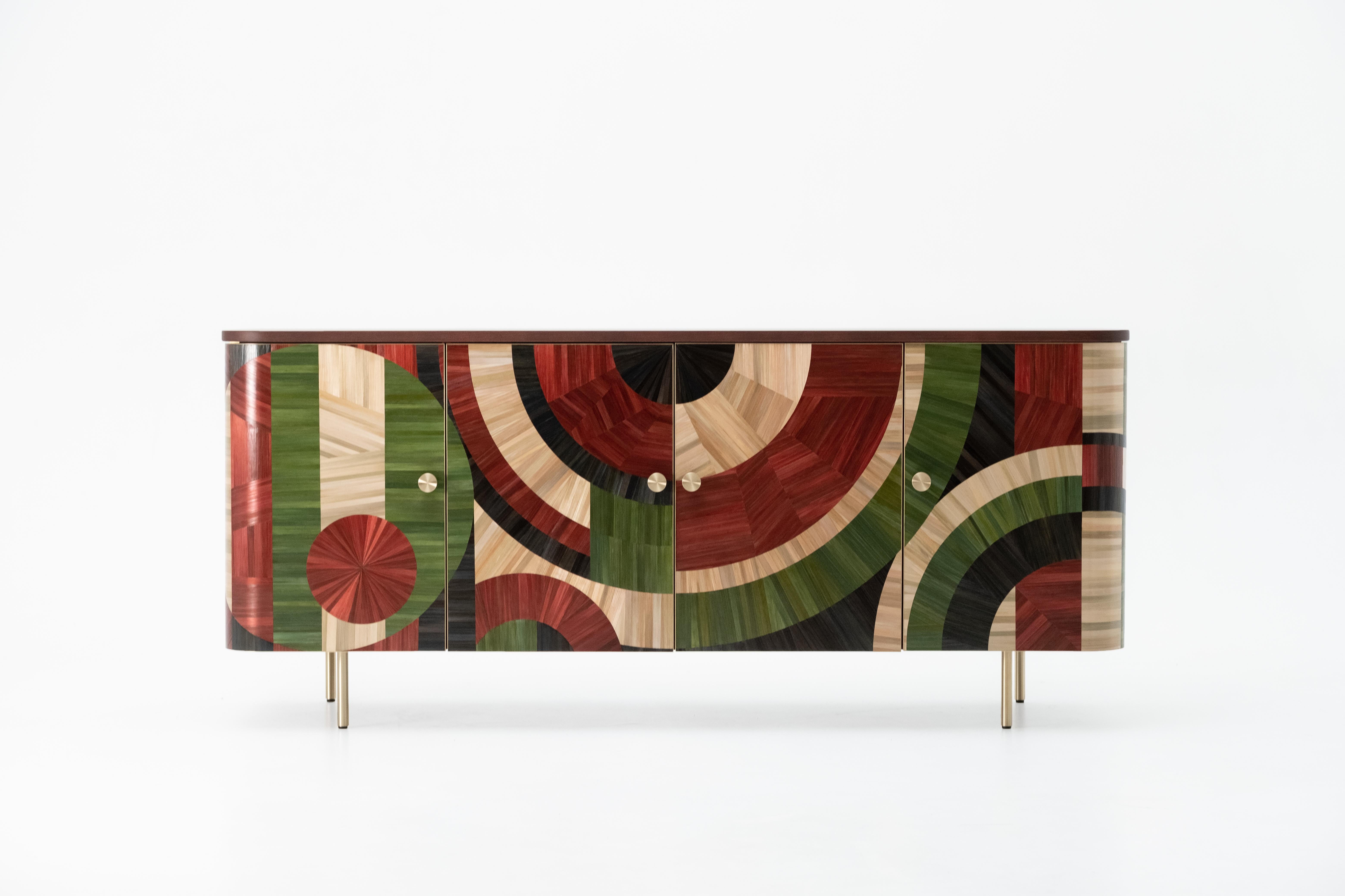 Solomia Straw Marquetry Art Deco Wood Cabinet Green Red Black by RUDA Studio In New Condition For Sale In Warsaw, PL