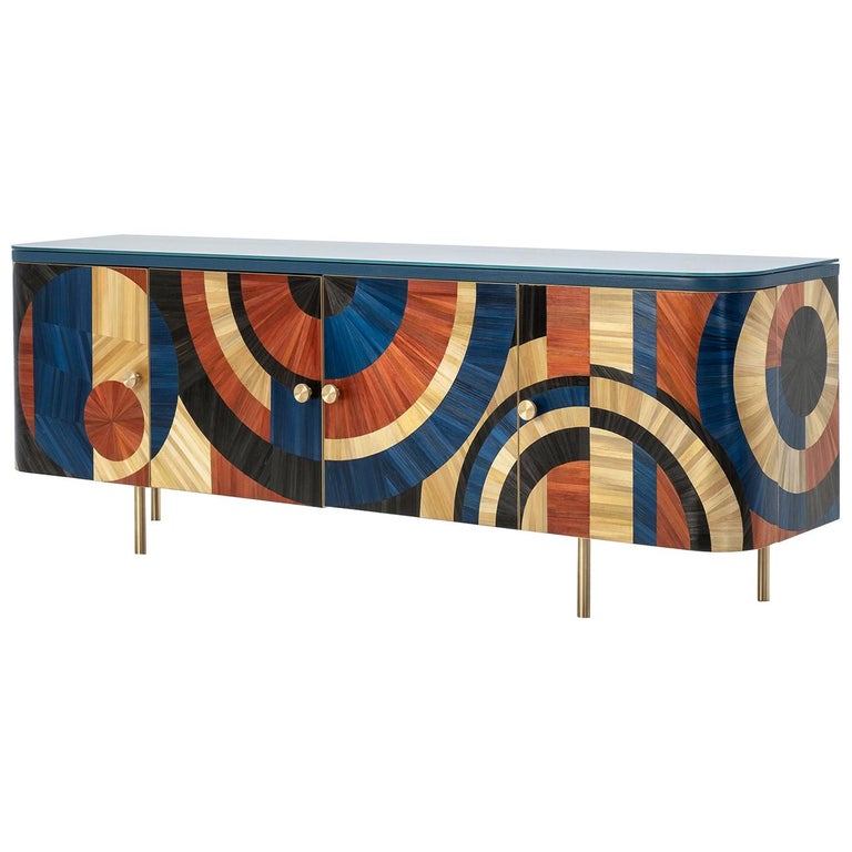 Solomia Straw Marquetry Inlay Modern Collectible Art Deco Credenza by RUDA For Sale