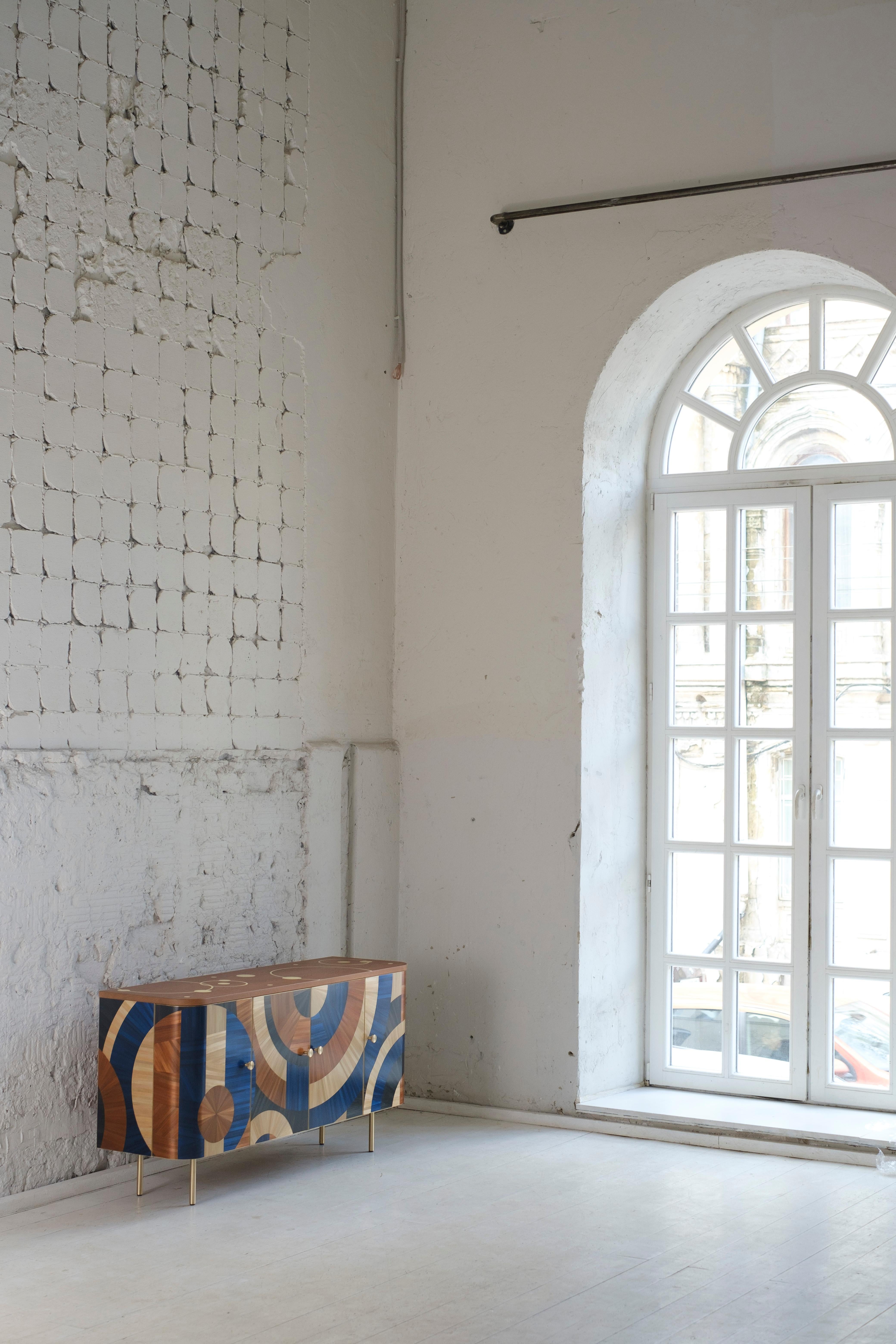 Solomia Stroh Intarsien Art Deco Wood Kabinett Terrakotta Blau Schwarz RUDA Studio im Angebot 3