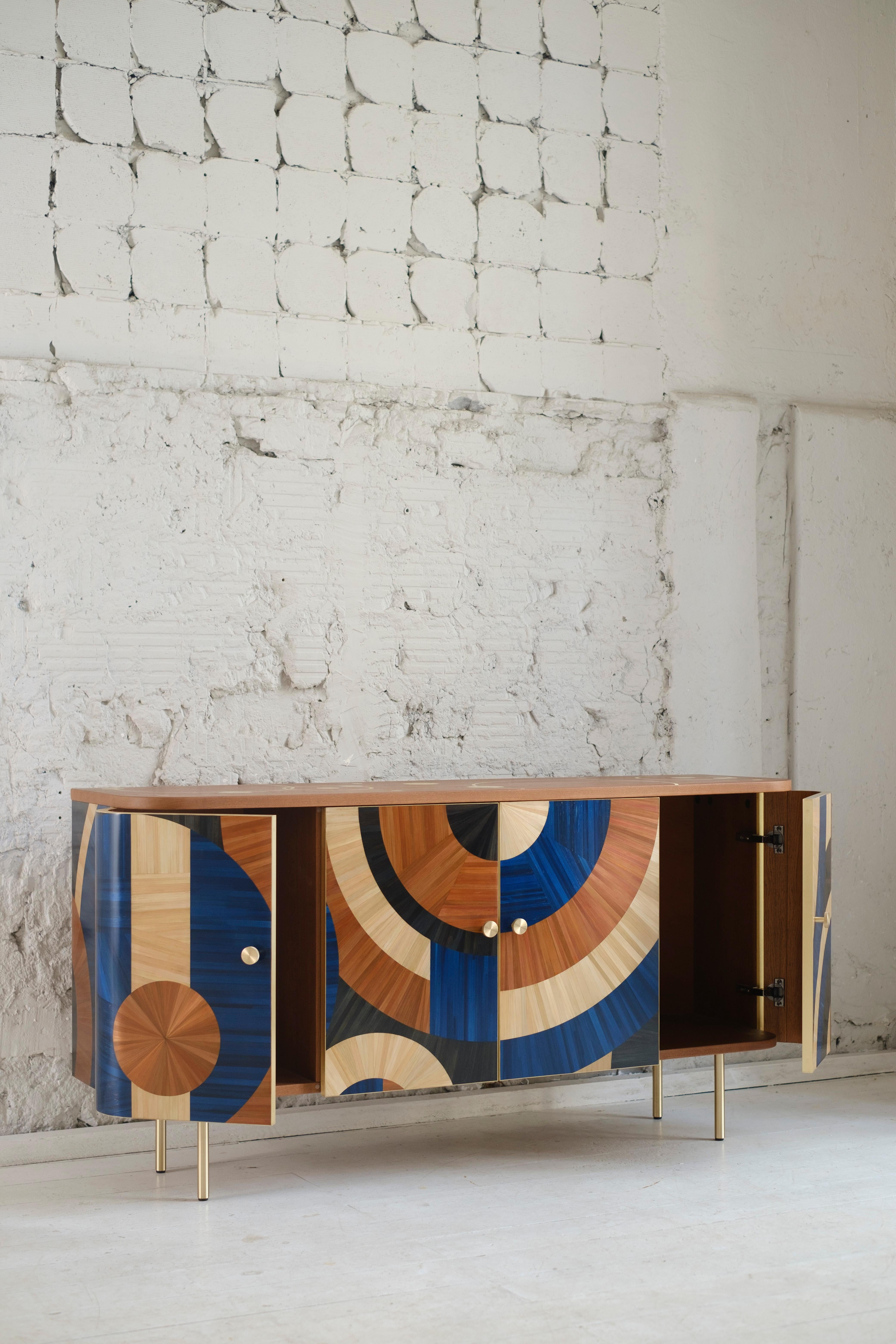 Contemporary Solomia Straw Marquetry Art Deco Wood Cabinet Terracotta Blue Black RUDA Studio For Sale