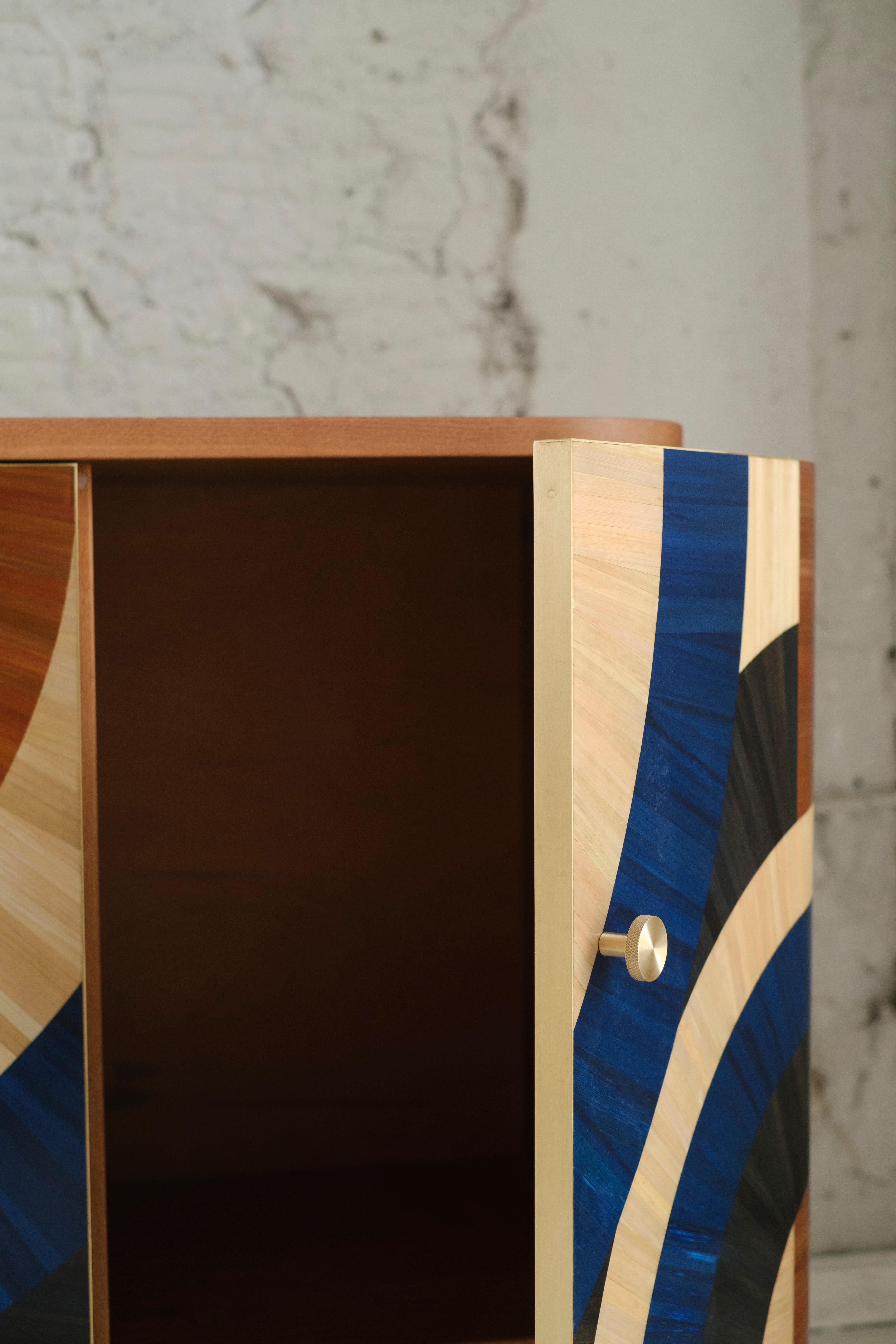 Glass Solomia Straw Marquetry Art Deco Wood Cabinet Terracotta Blue Black RUDA Studio For Sale