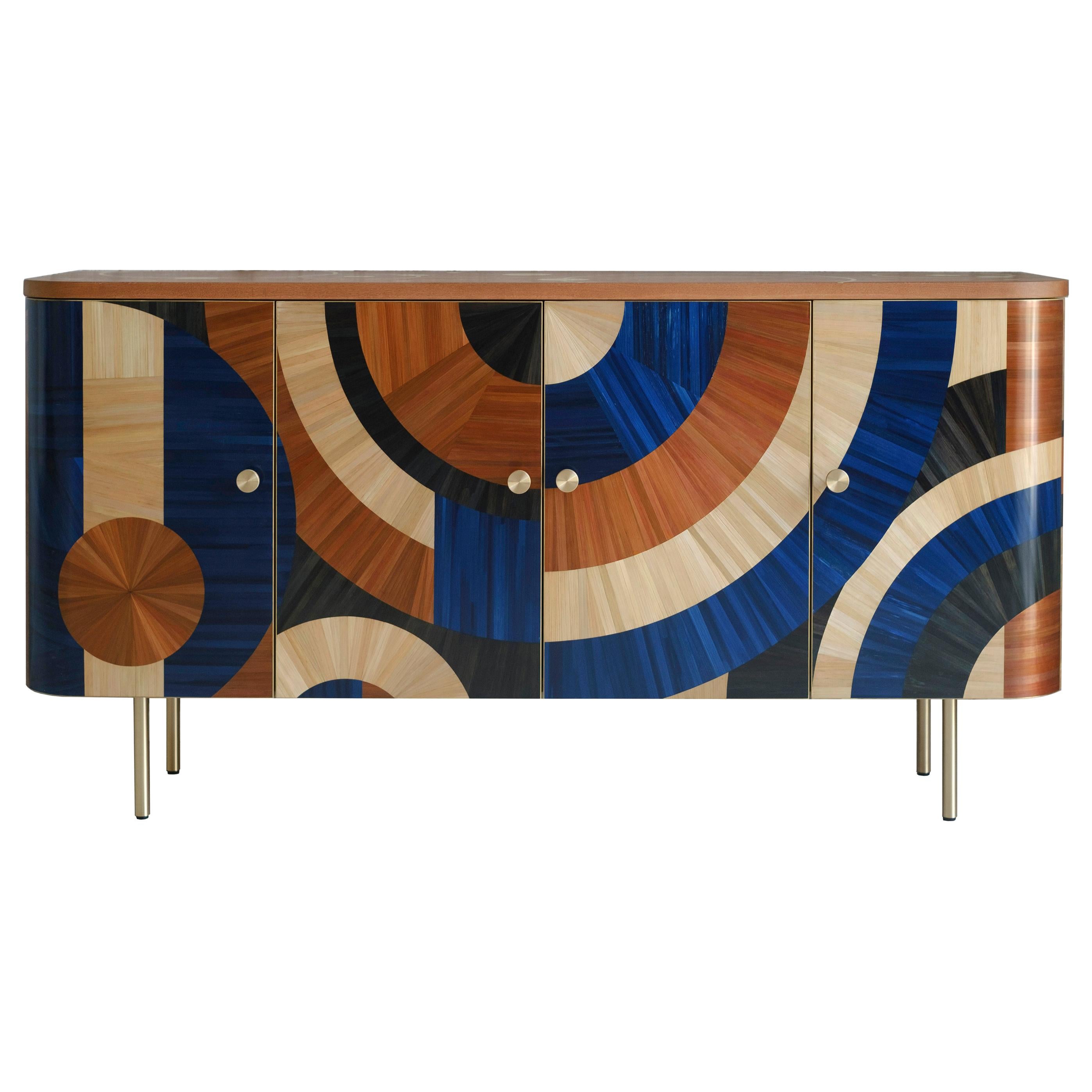 Solomia Straw Marquetry Art Deco Wood Cabinet Terracotta Blue Black RUDA Studio For Sale
