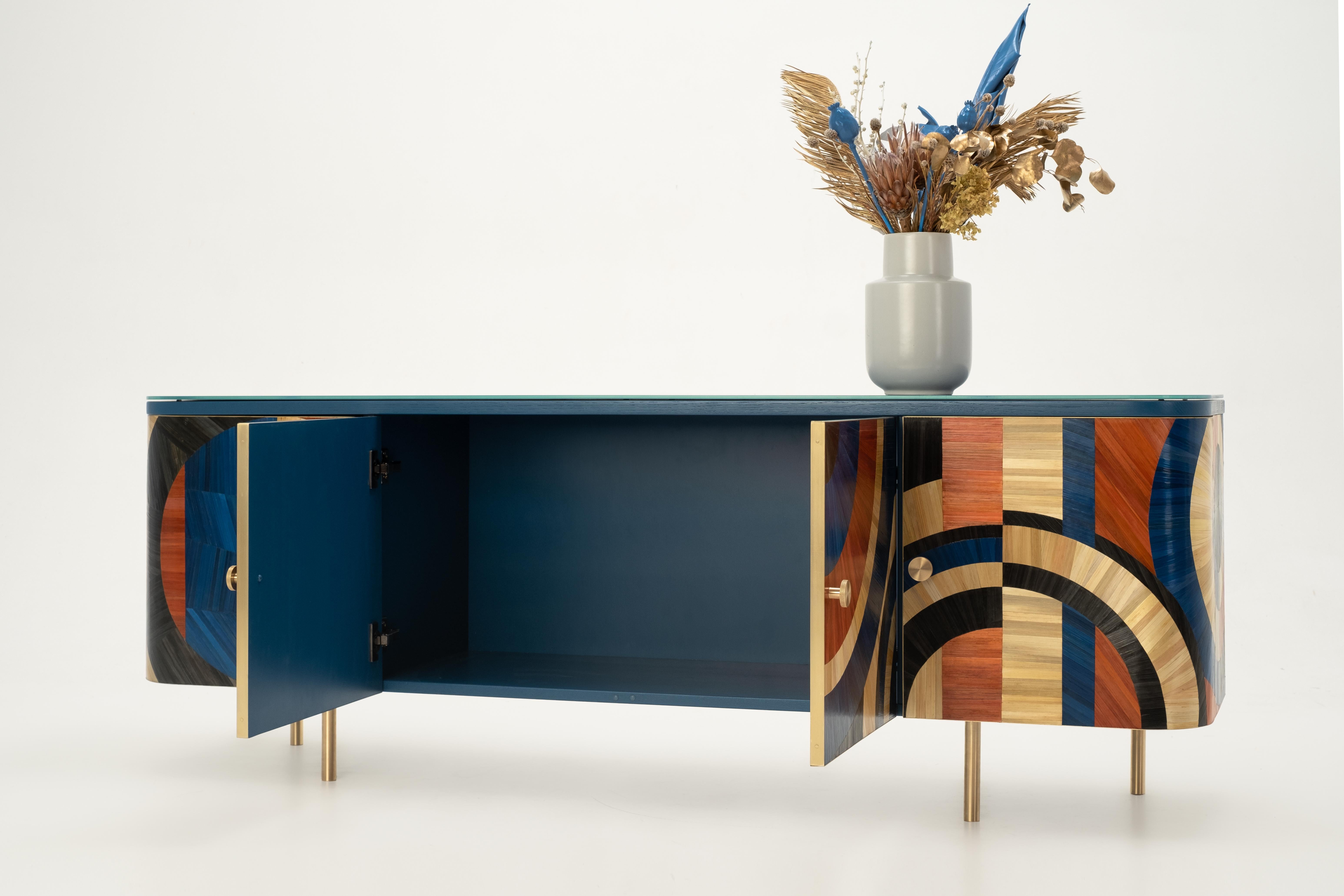 Contemporary Solomia Cabinet Straw Marquetry Inlay Modern Collectible Art Deco Credenza RUDA For Sale