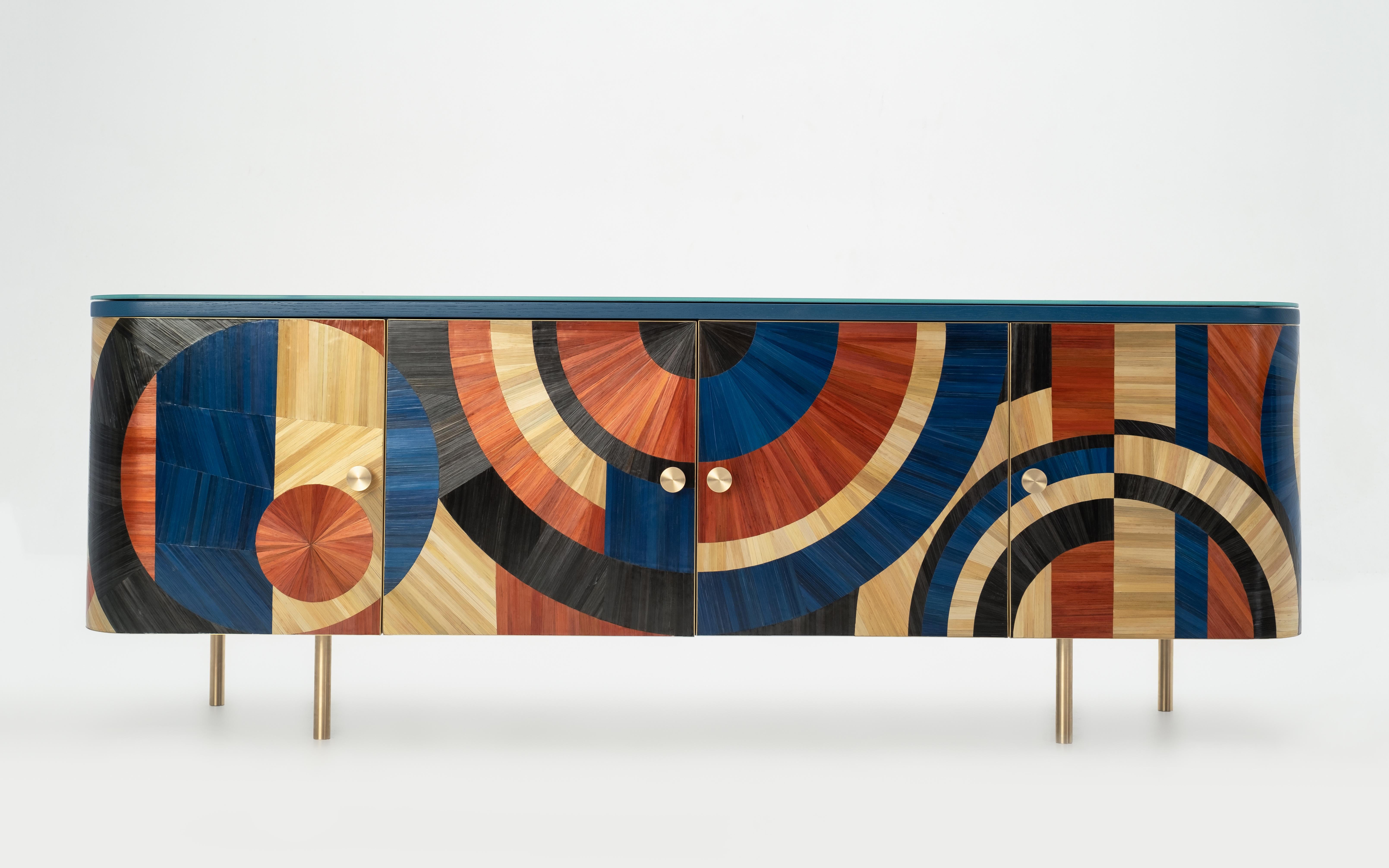 Brass Solomia Cabinet in Straw Marquetry Inlay Modern Collectible Art Deco Credenza For Sale