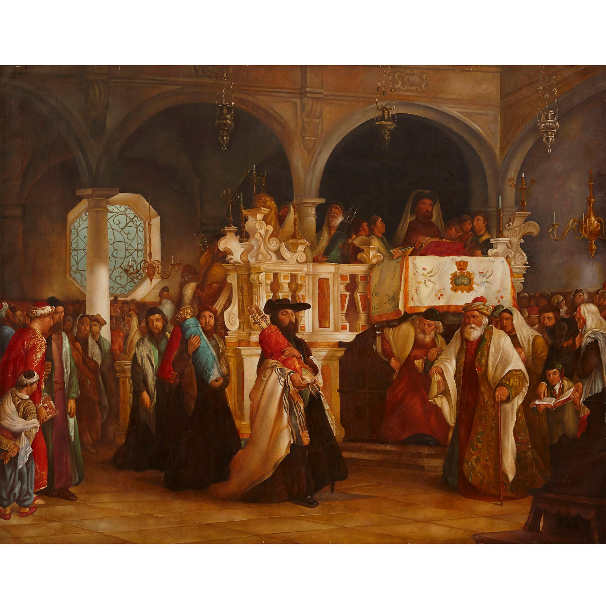 Peinture à l'huile ancienne de la Procession de Torah d'après Solomon Alexander Hart