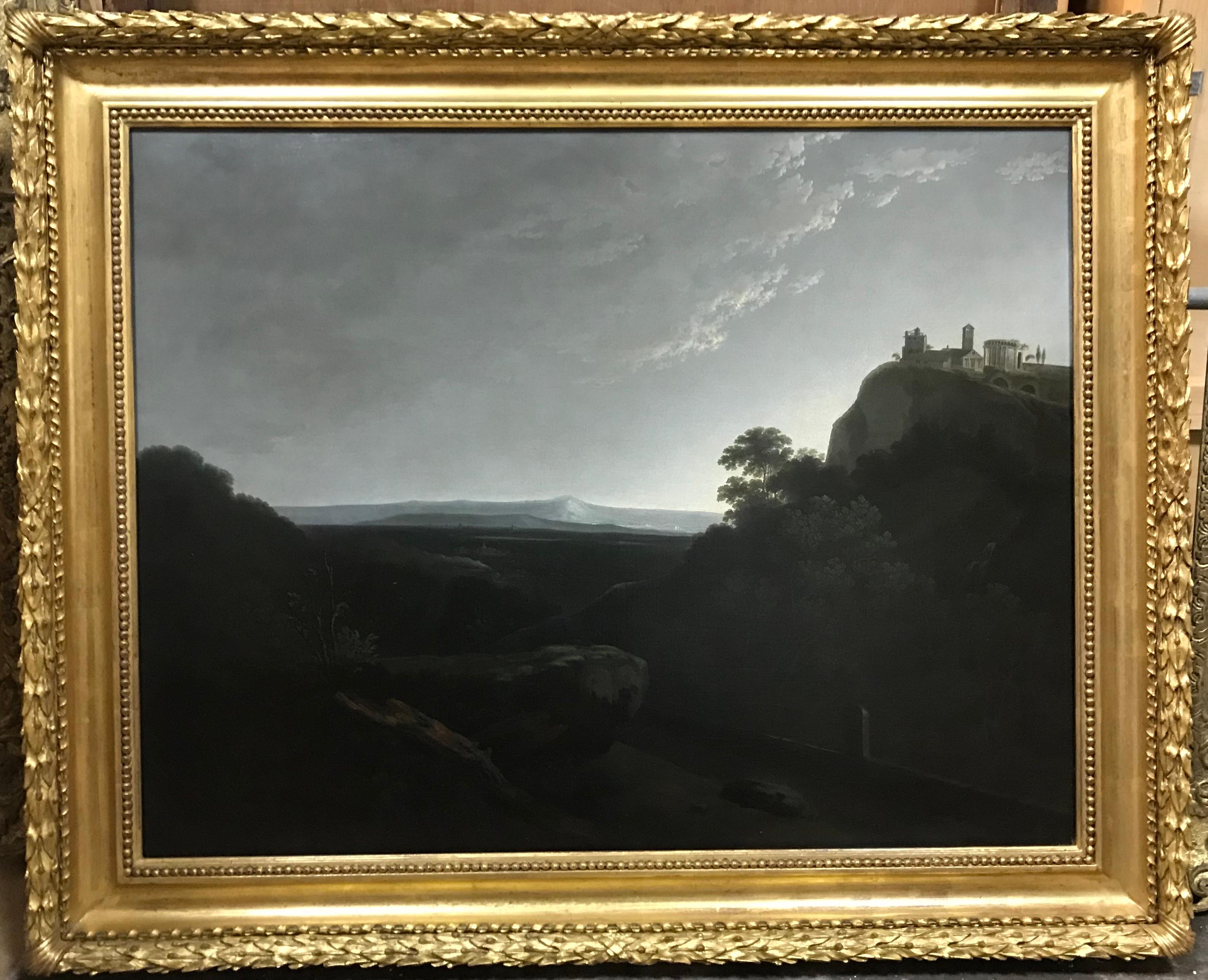 Solomon Delane c.1727-1812
A view near Tivoli at Dawn
Oil painting on canvas 28 x 36 inches, and contained in a fine carved and giltwood Georgian frame

Exhibited (presumably), Royal Academy, 1777, number 94, “A view near Tivoli”, sent for