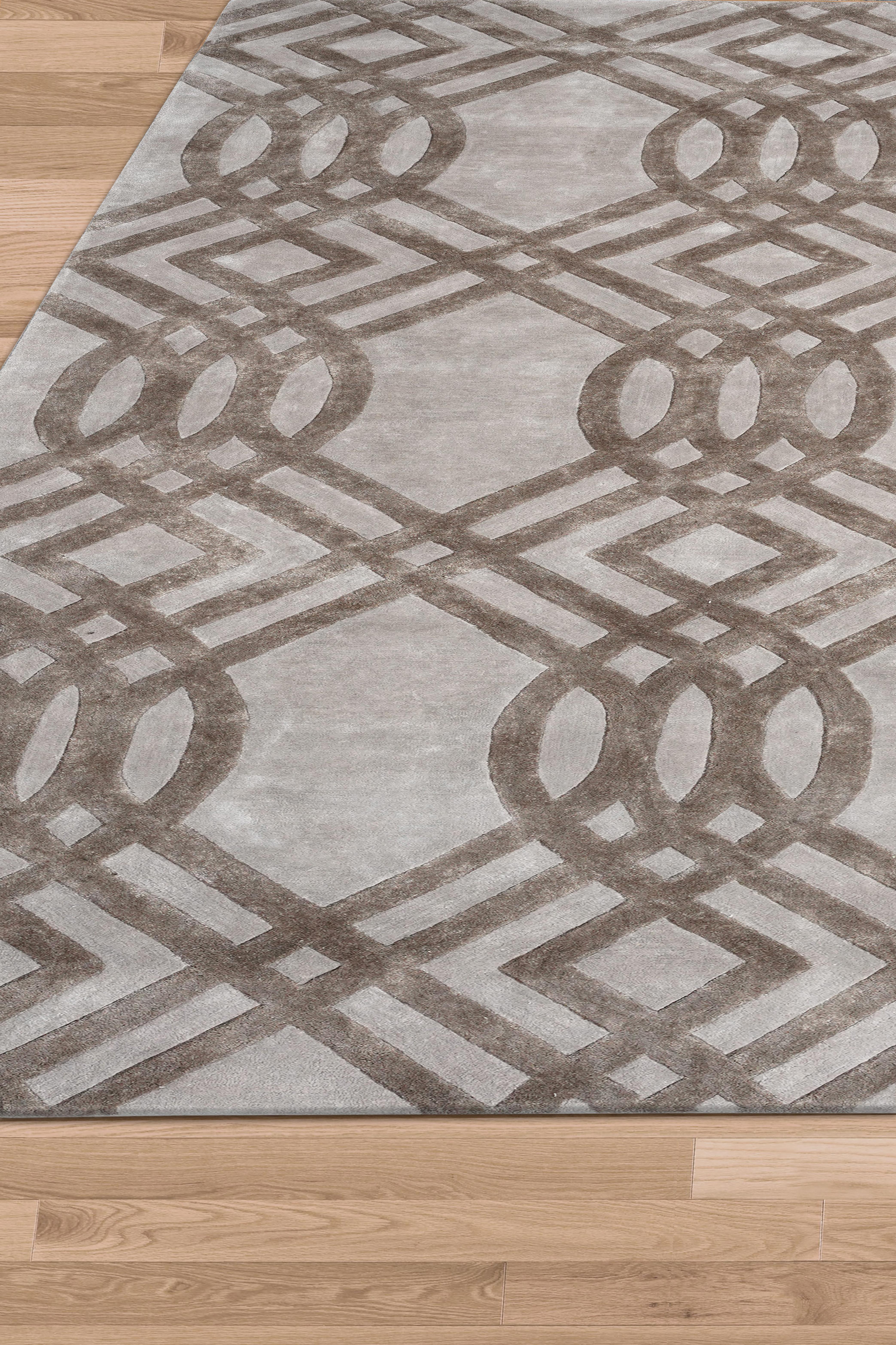 Indian SOLOMON Hand Tufted Modern Geometric Silk Rug in Taupe Colour By Hands For Sale