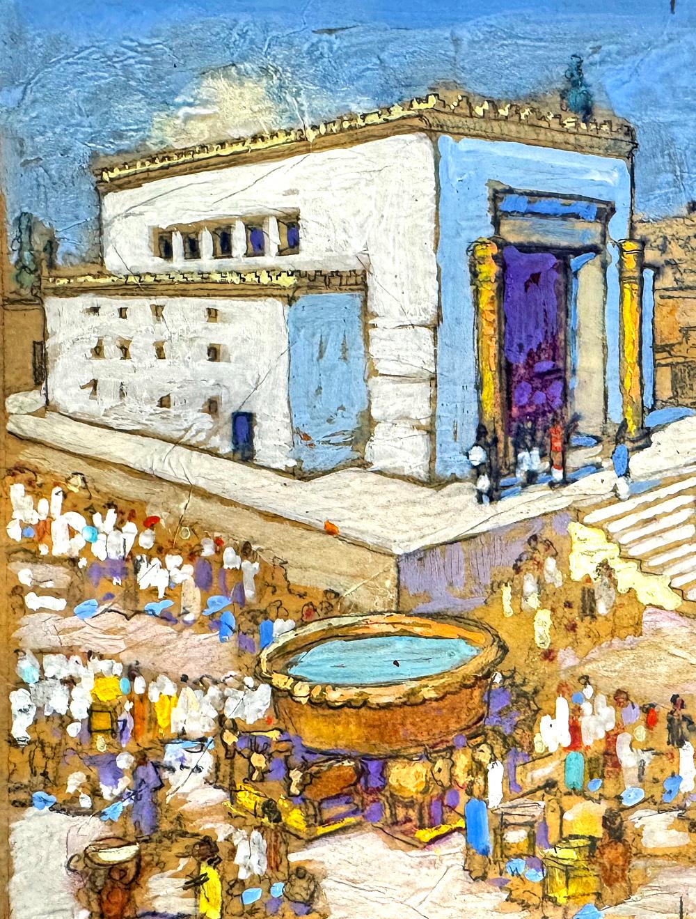 Dieses farbenfrohe und lebendige Gemälde, das den Tempel Salomons in Jerusalem mit einem von Priestern und Schaulustigen bevölkerten Vorhof zeigt, stammt von Henry Soulen, einem der großen Meister der Illustrationskunst des frühen 20.  Das Gemälde