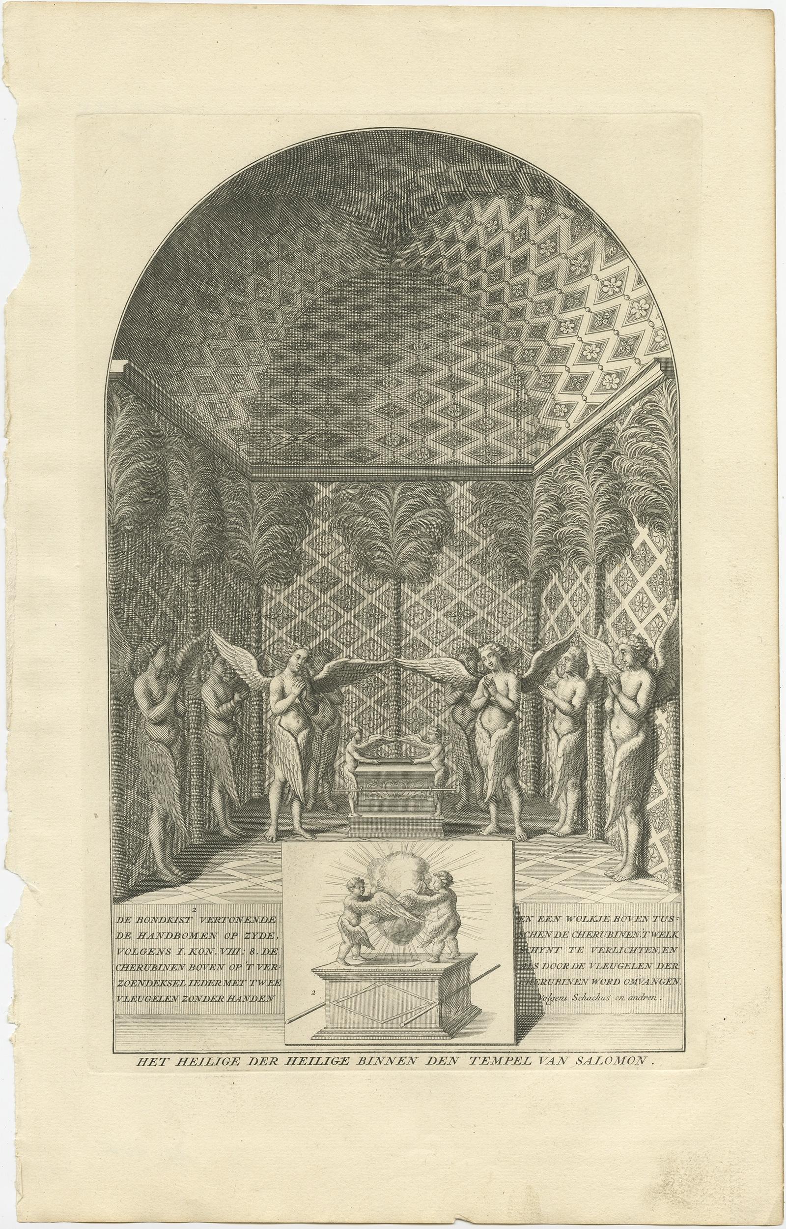 Antique religion print titled 'Het Heilige der Heilige binnen den Tempel van Salomon'. 

This print depicts Solomon's Temple, the Holy of Holies, showing the Ark of the Covenant. Surrounded by angels. Source unknown, to be determined.

Artists