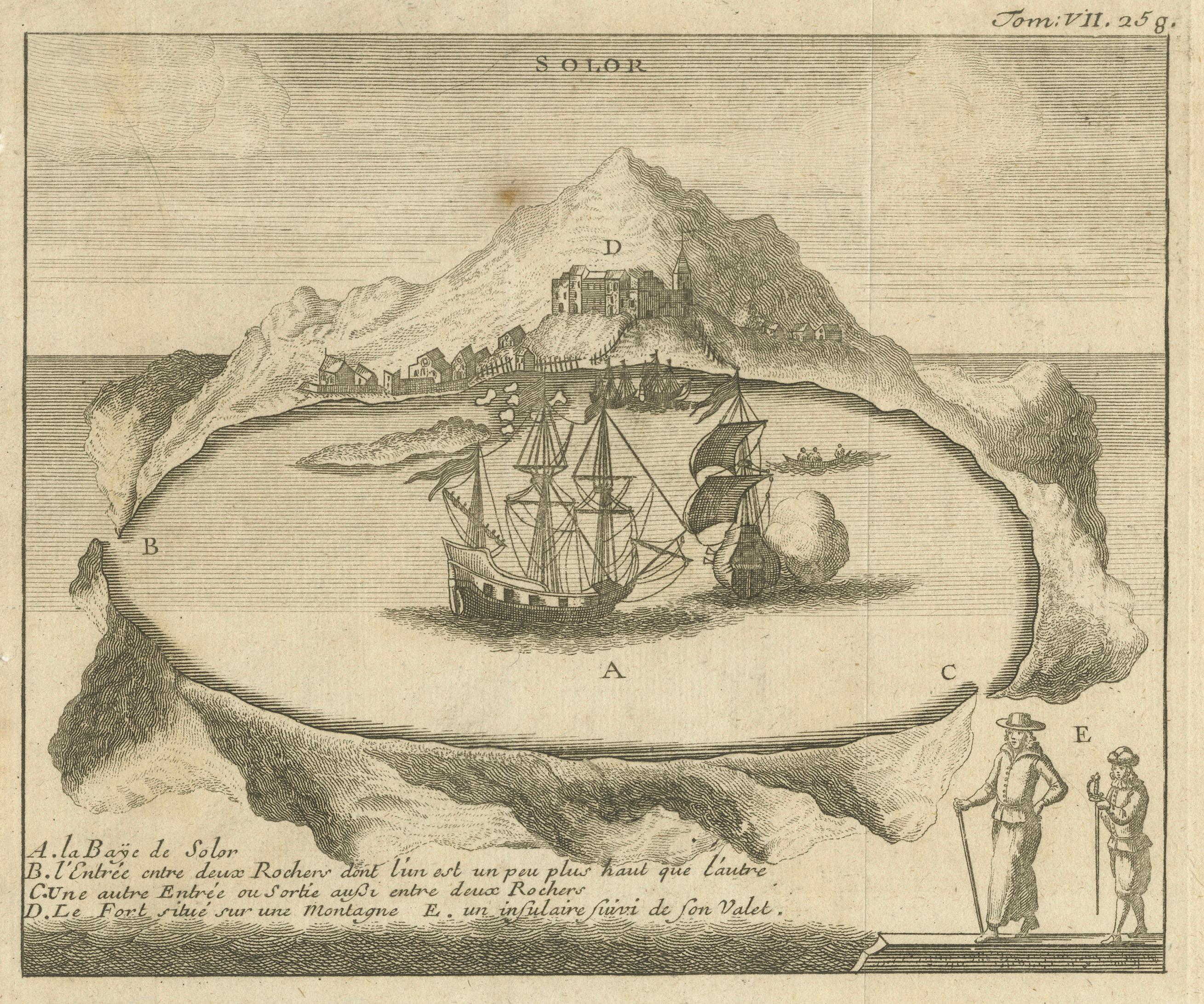 Solor Island View, Indonesian Harbor Engraving, French Voyage Plate c.1700