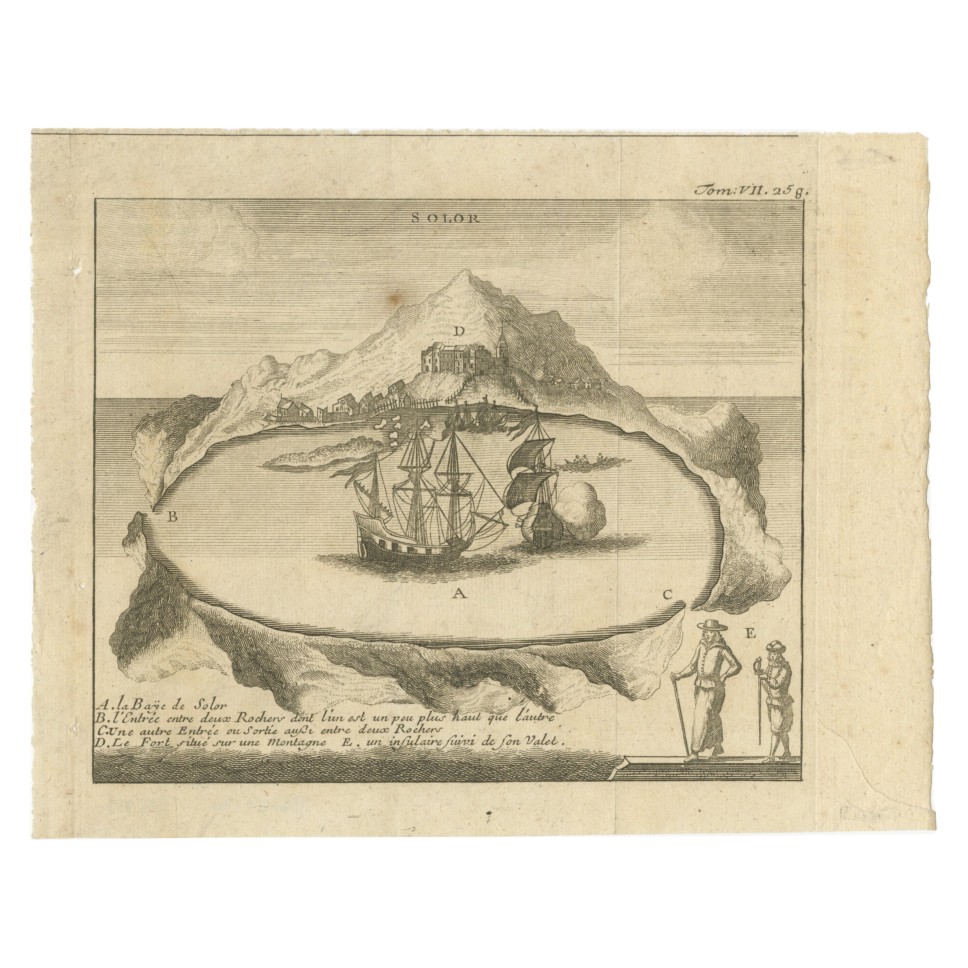 Solor Island View, Indonesian Harbor Engraving, French Voyage Plate c.1700 For Sale